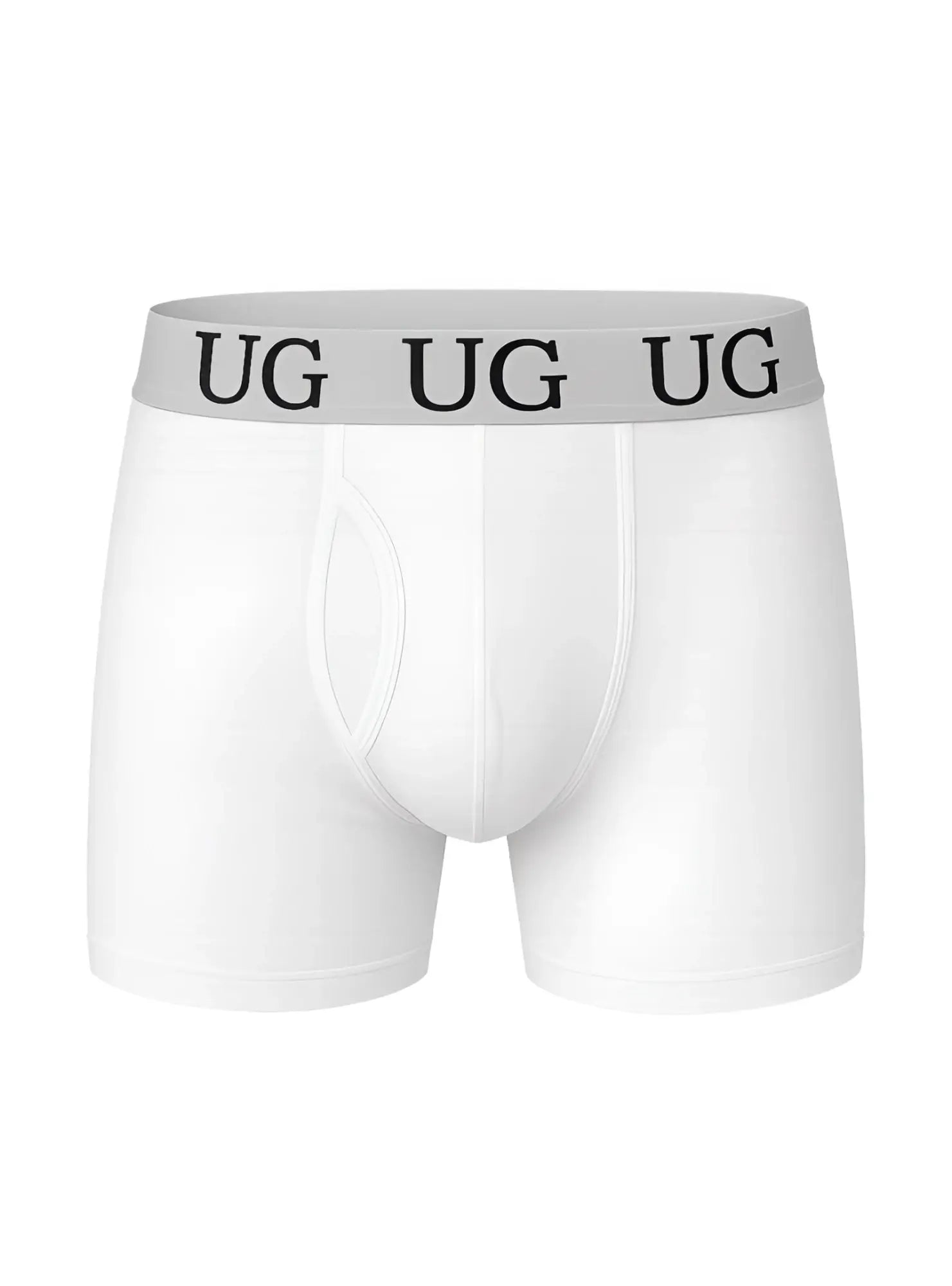 White undergear fly front cotton boxer brief with gray waistband and black ug lettering on the front