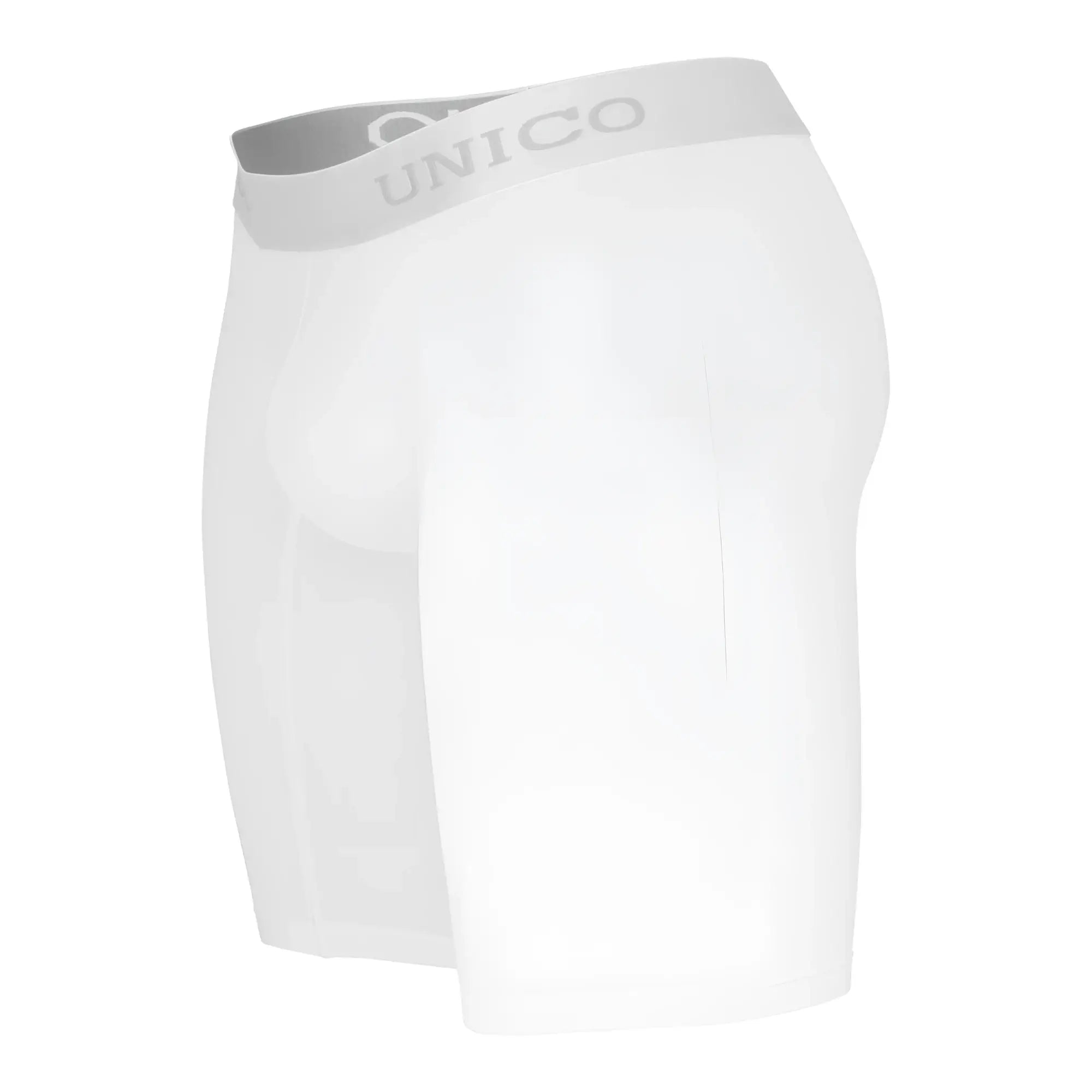 White unico boxer briefs with gray waistband featuring brand name made of cristalino microfiber material