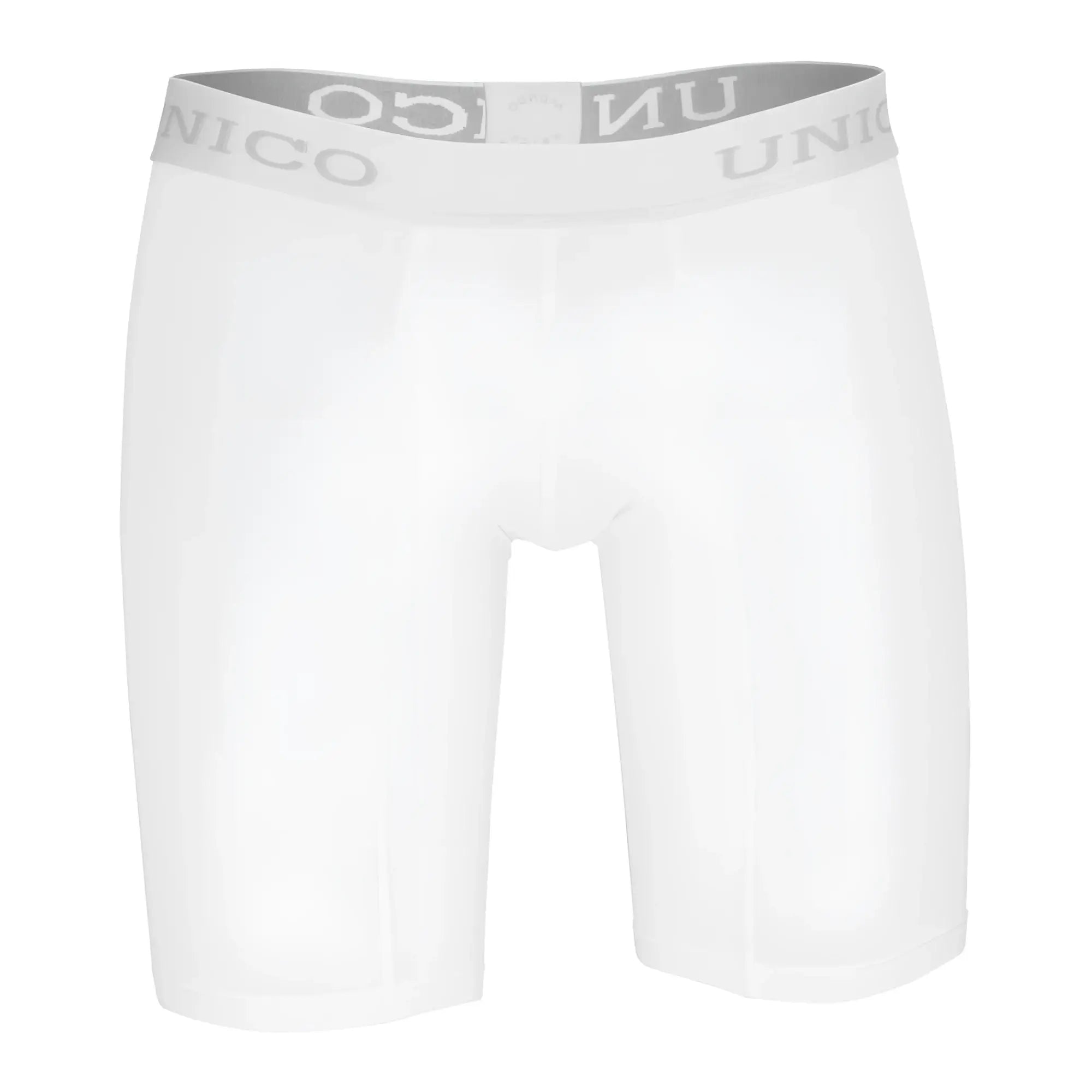 White unico men’s boxer briefs in crystalino microfiber with gray logo waistband in front view