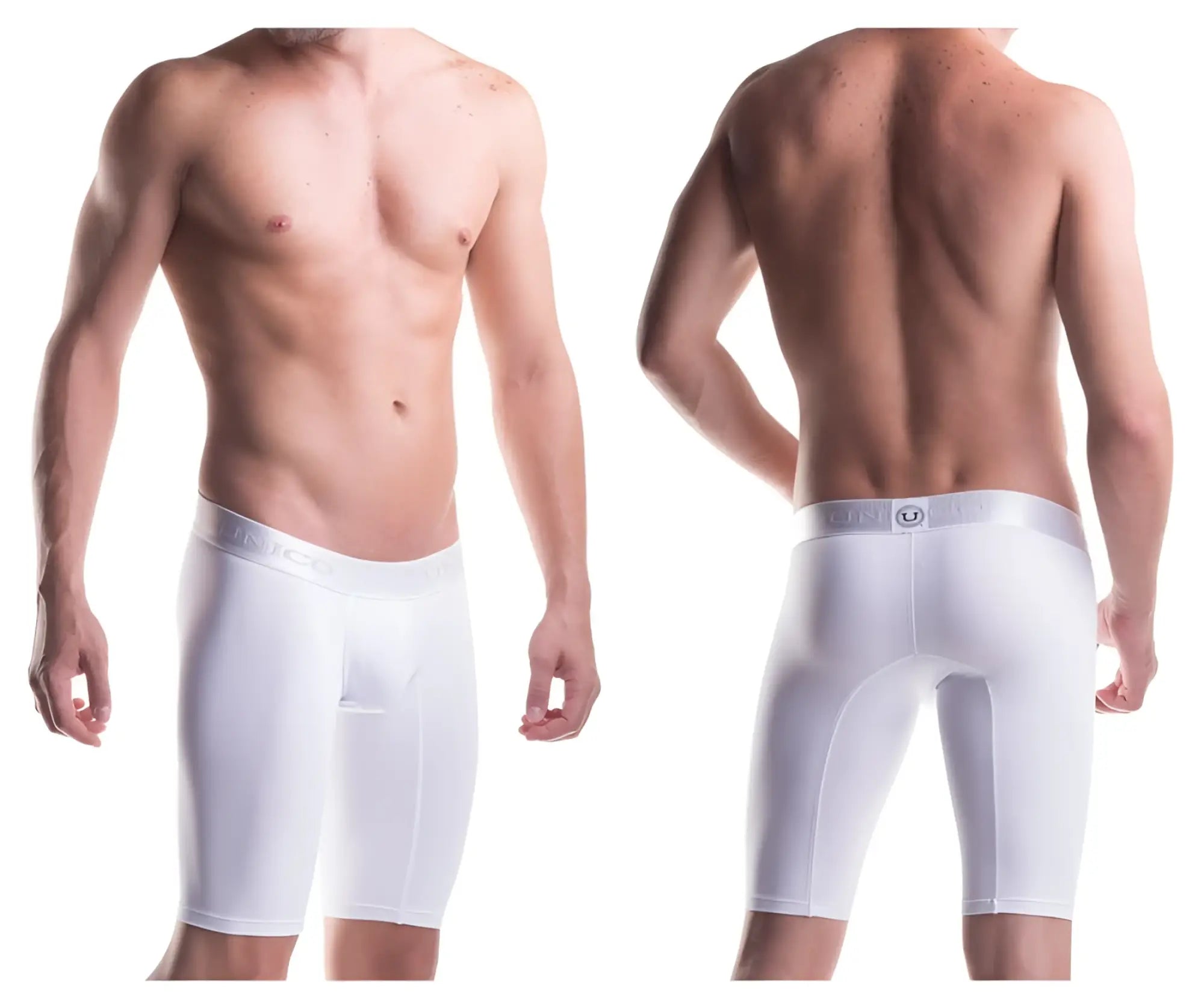 White men’s unico boxer briefs with snug fit microfiber fabric and subtle logo on waistband in white color