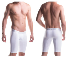 White men’s unico boxer briefs with snug fit microfiber fabric and subtle logo on waistband in white color