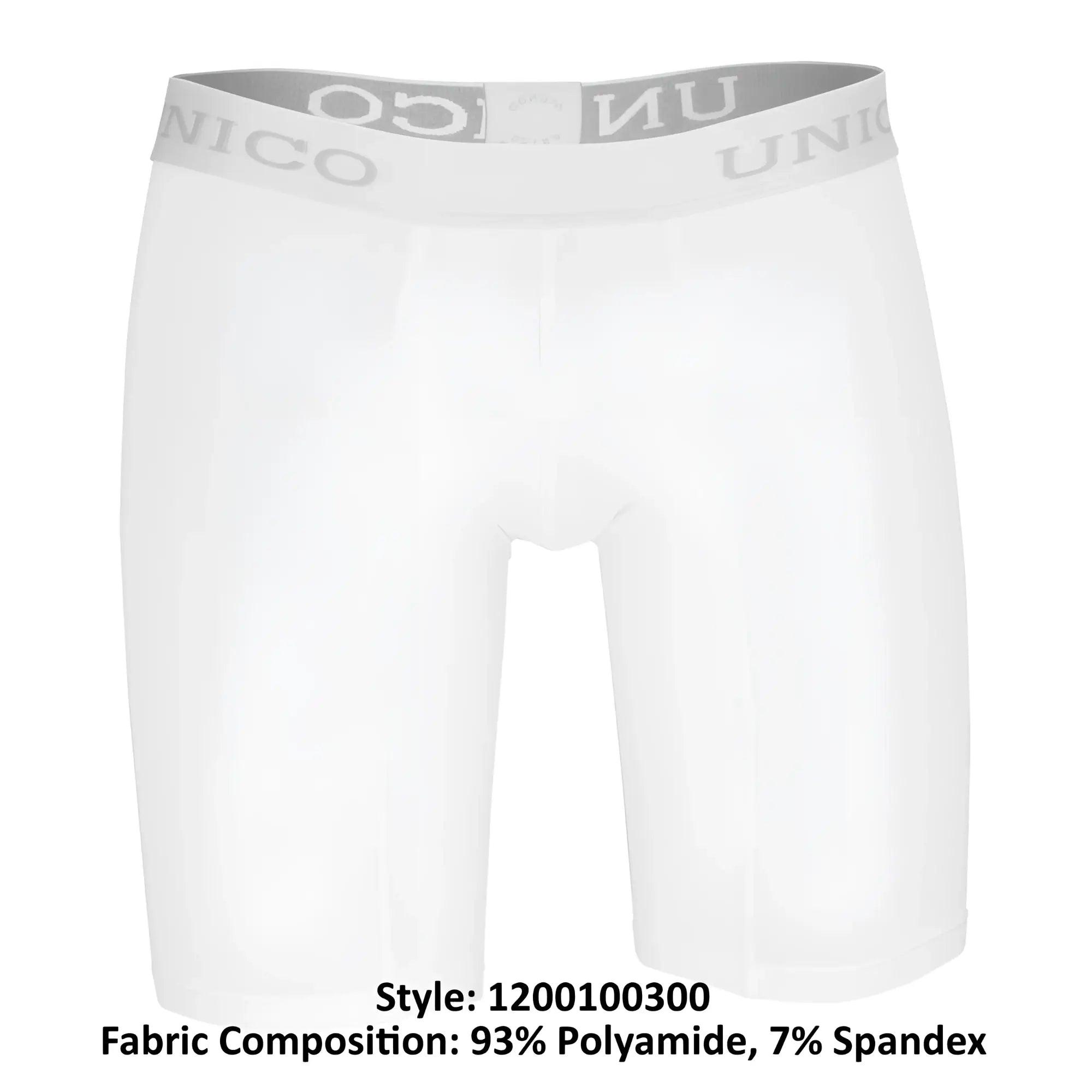 White unico 1200100300 boxer briefs with gray elastic waistband and repeating brand name in cristalino microfiber