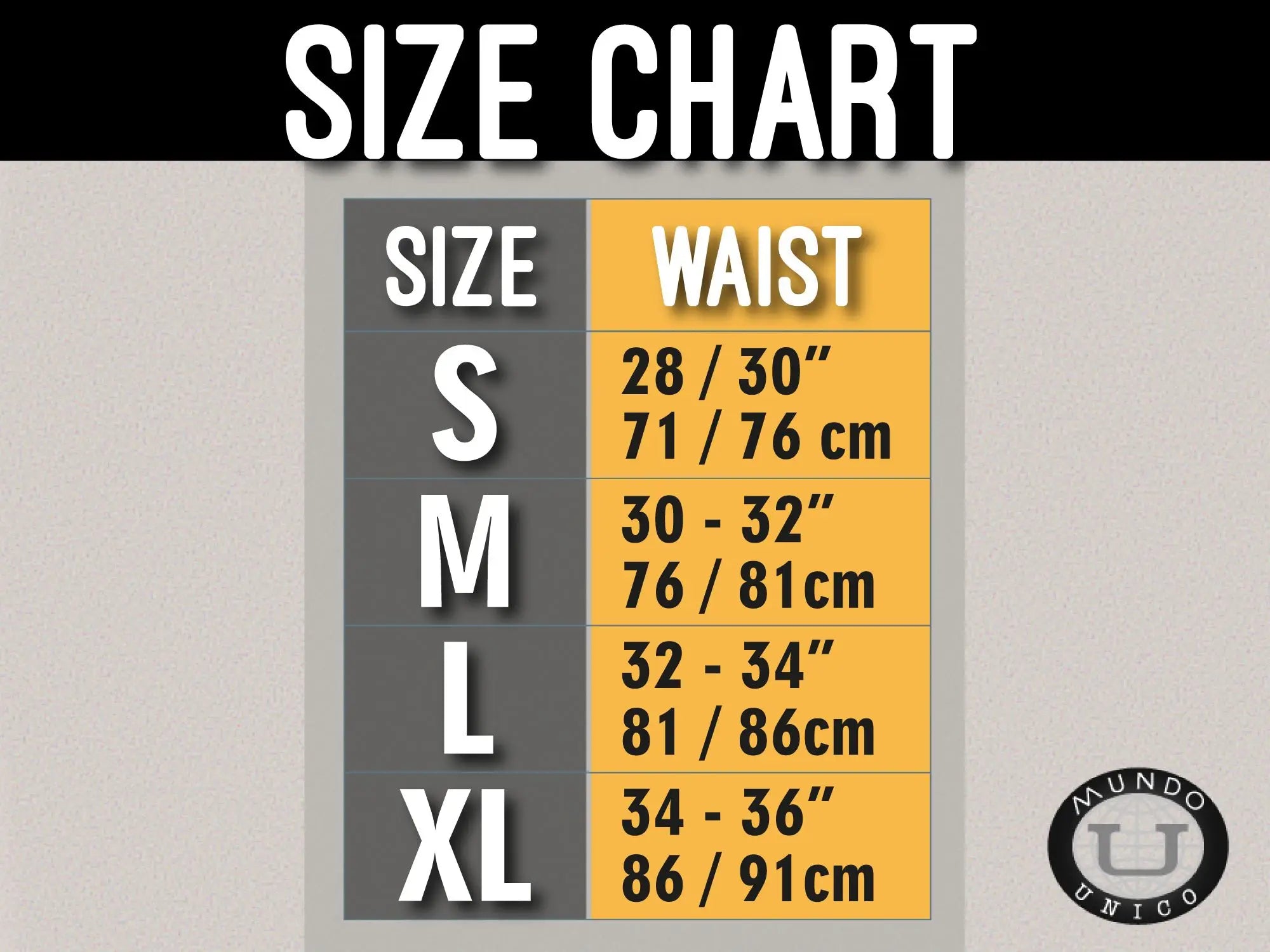Size chart for mundo unico unic 1200100300 boxer briefs cristalino microfiber white showing waist inches and centimeters s-xl