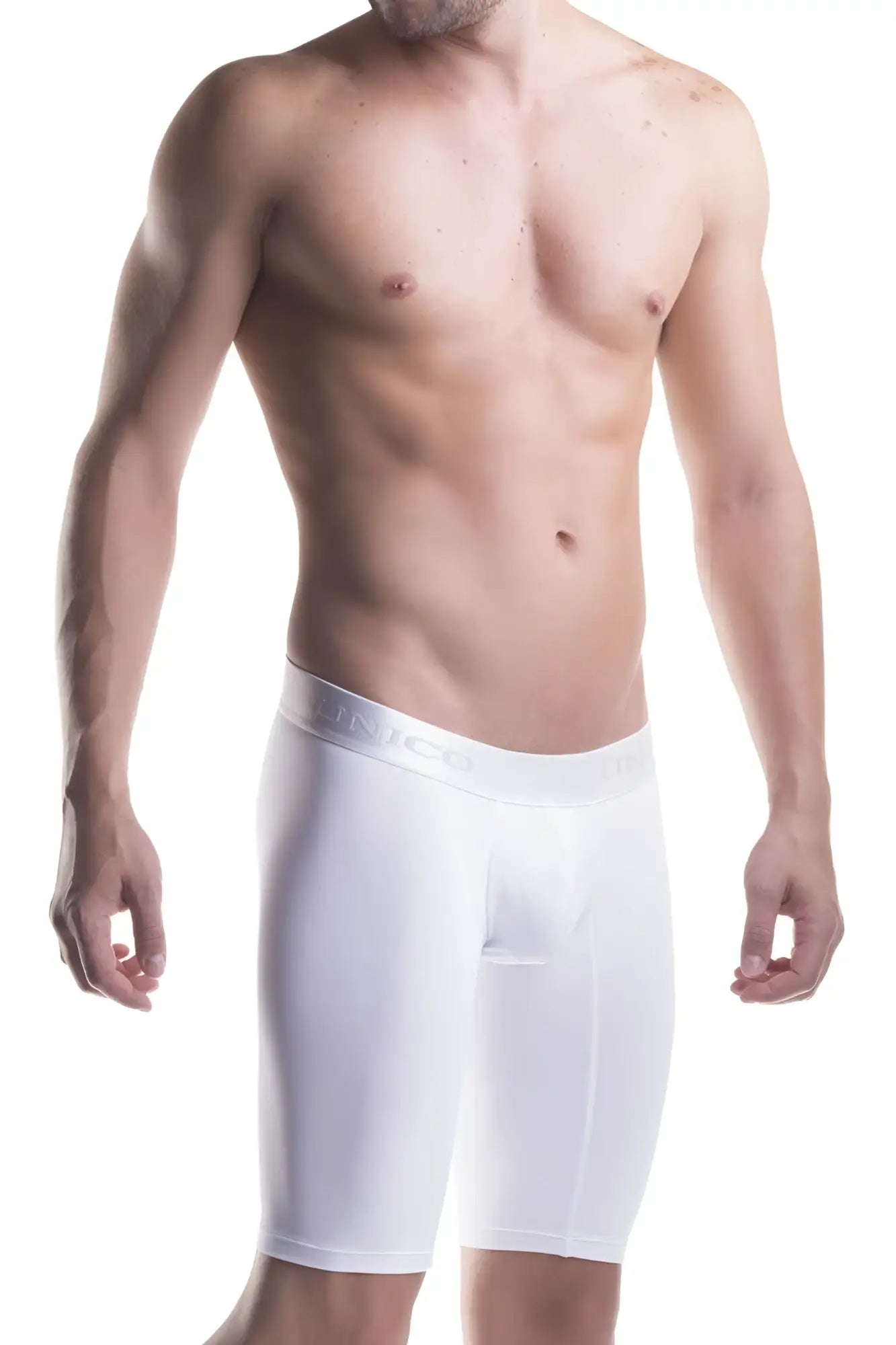 White unico 1200100300 boxer briefs with smooth form-fitting microfiber fabric and subtle logo on waistband
