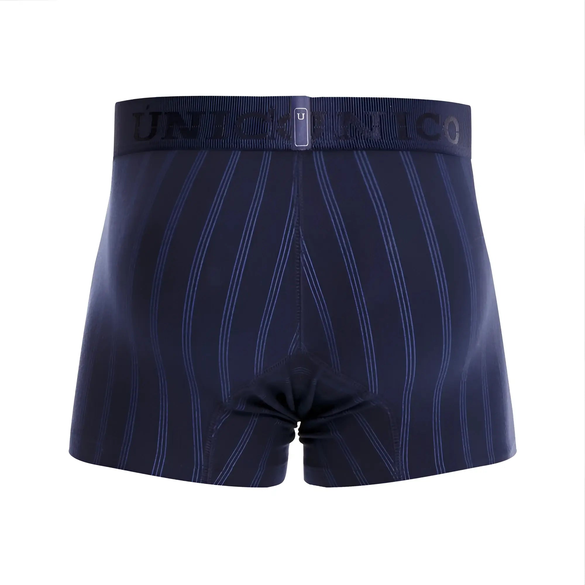 Navy blue Unico Senda trunks with subtle vertical pinstripes and a branded elastic waistband in color 82-Dark Blue