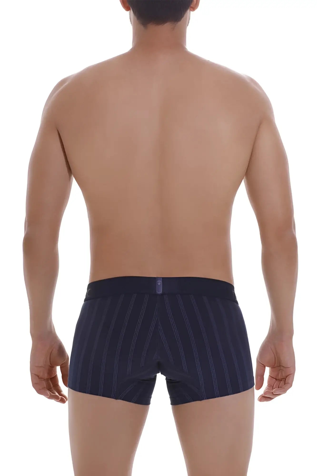Navy blue striped unico senda trunks with subtle pinstripe pattern and branded waistband tag in dark blue color