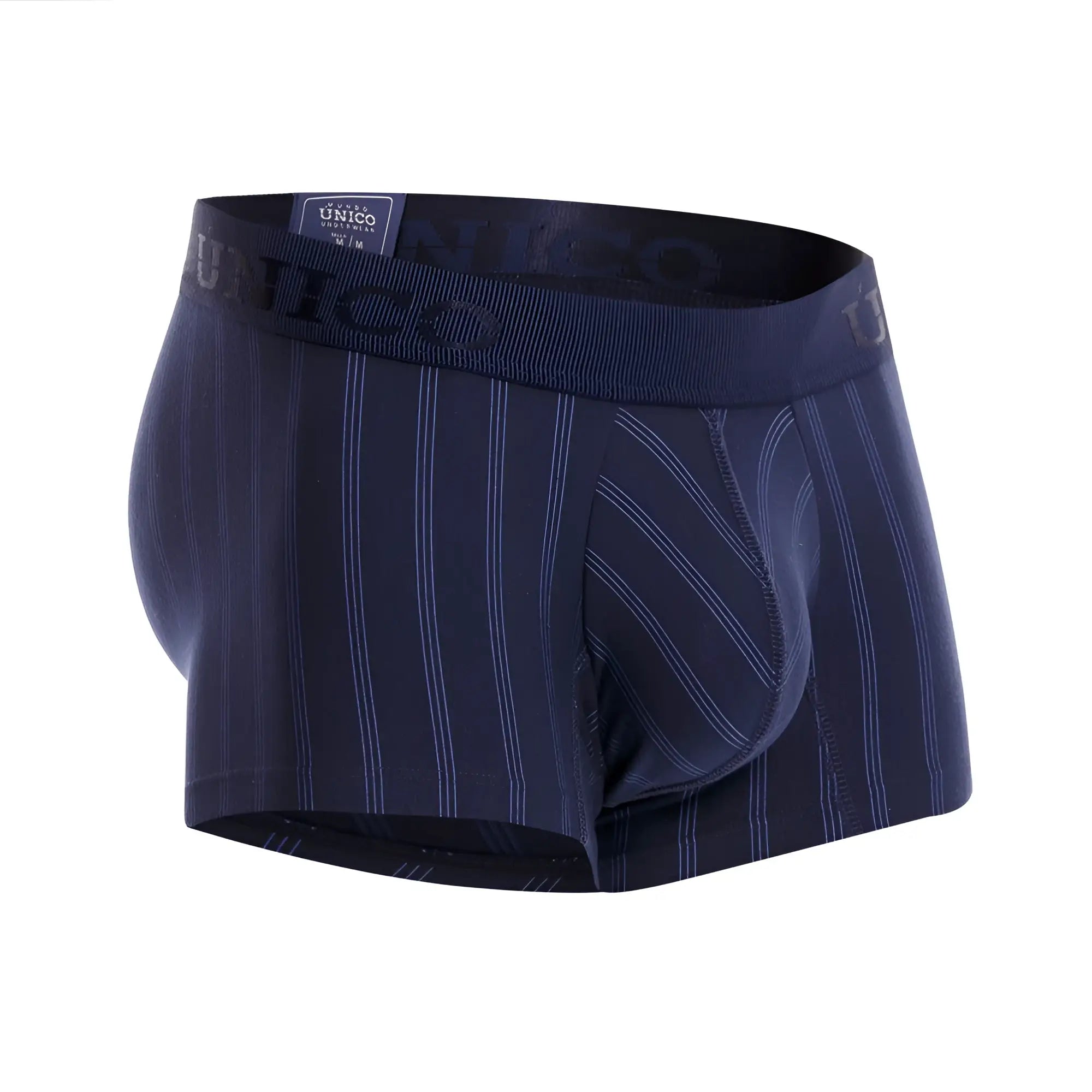 Dark blue pinstripe boxer briefs with subtle white stripes and an elastic waistband featuring the unico brand label