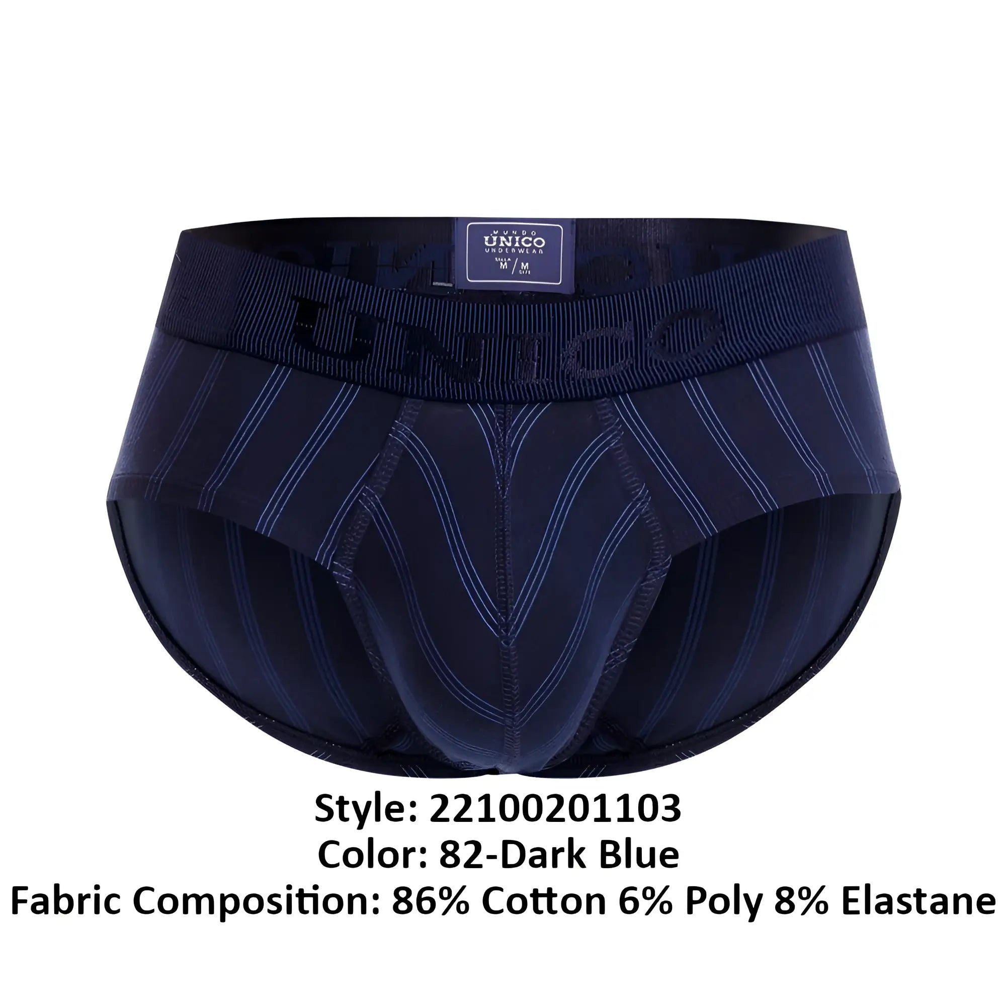 Dark blue unico 22100201103 senda briefs with subtle vertical pinstripes and ribbed waistband for comfortable fit