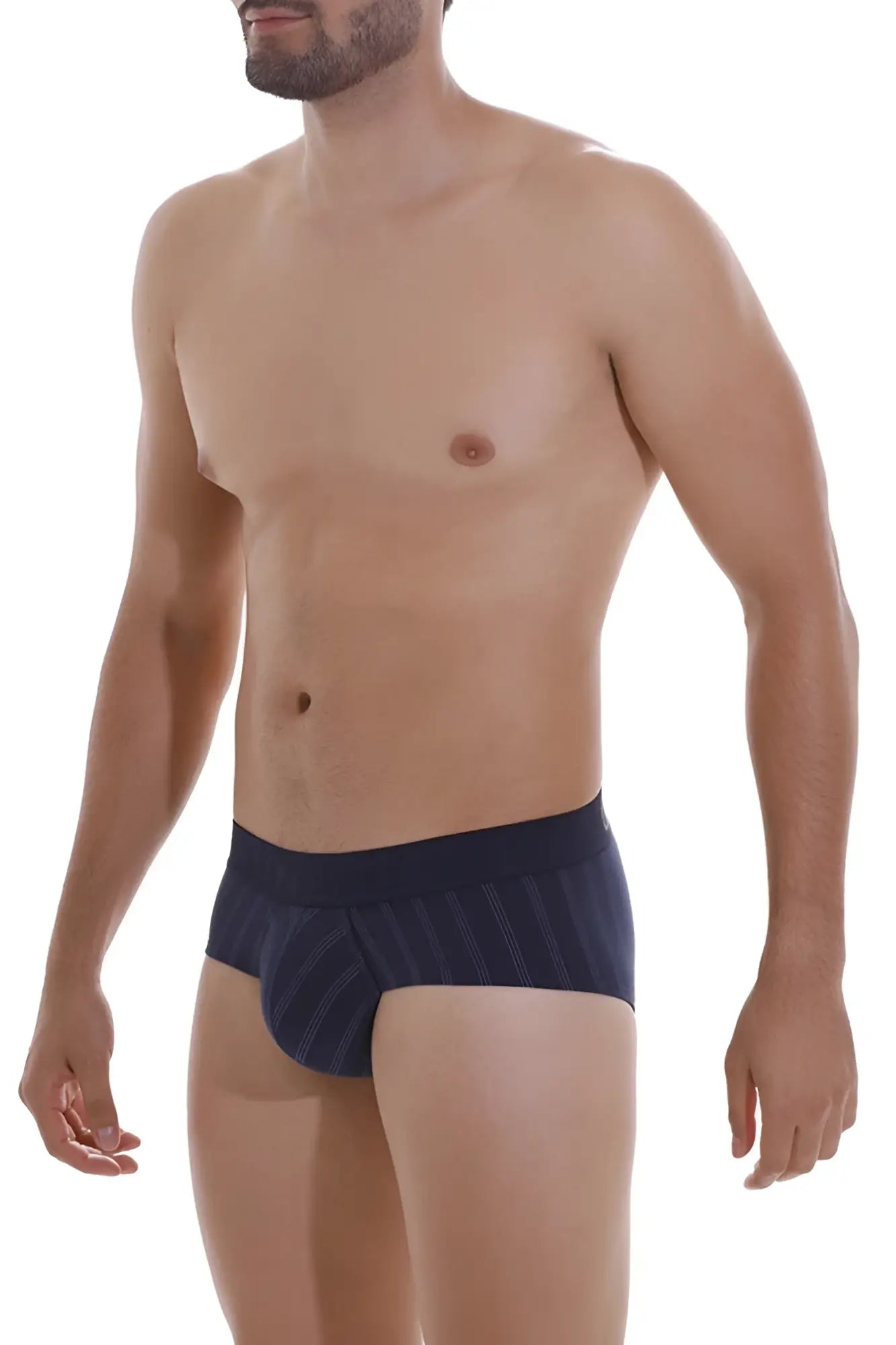 Dark blue unicosenda briefs with subtle vertical pinstripes designed for comfortable everyday wear