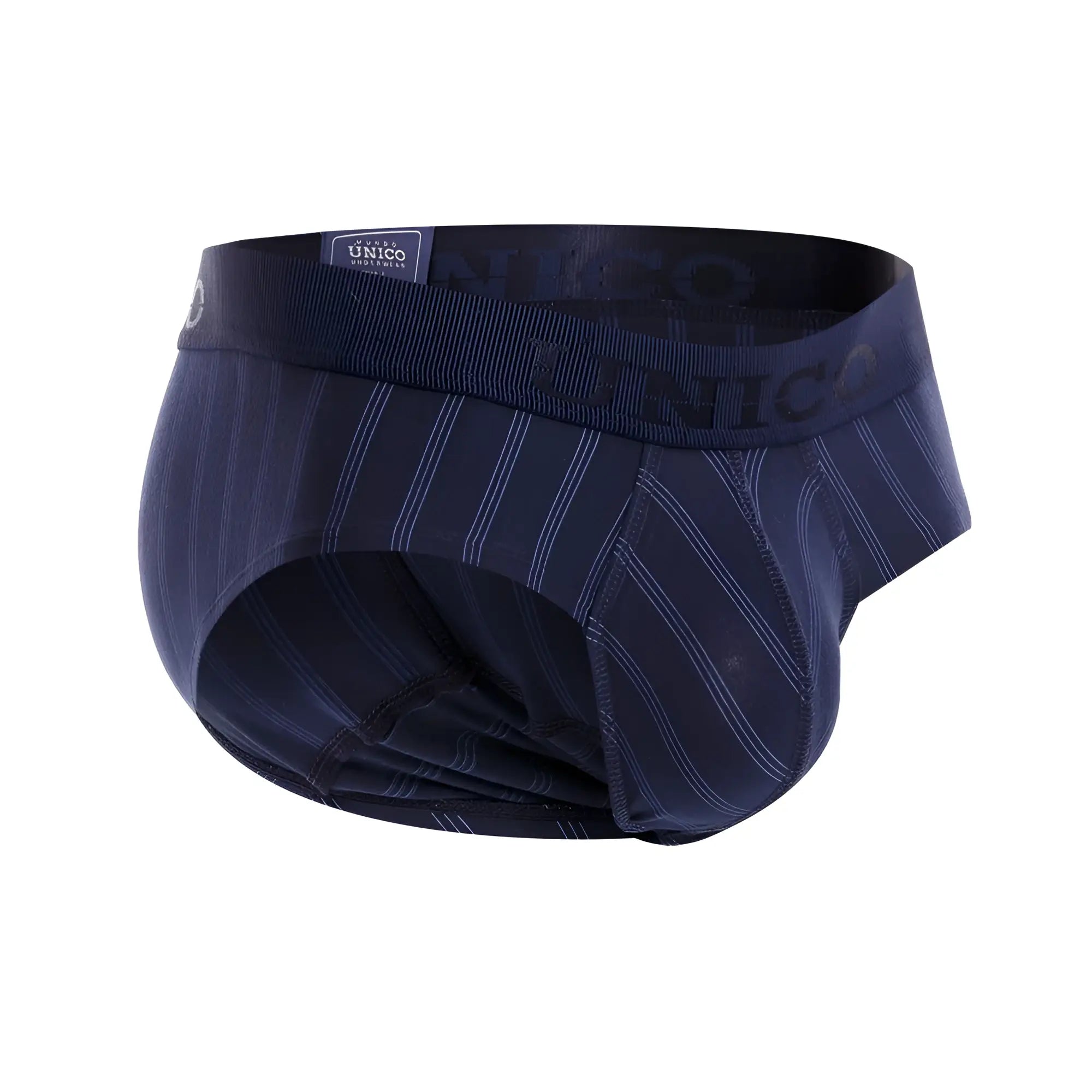 Navy blue unico senda briefs with ribbed elastic waistband and subtle white vertical pinstripes in color 82 dark blue