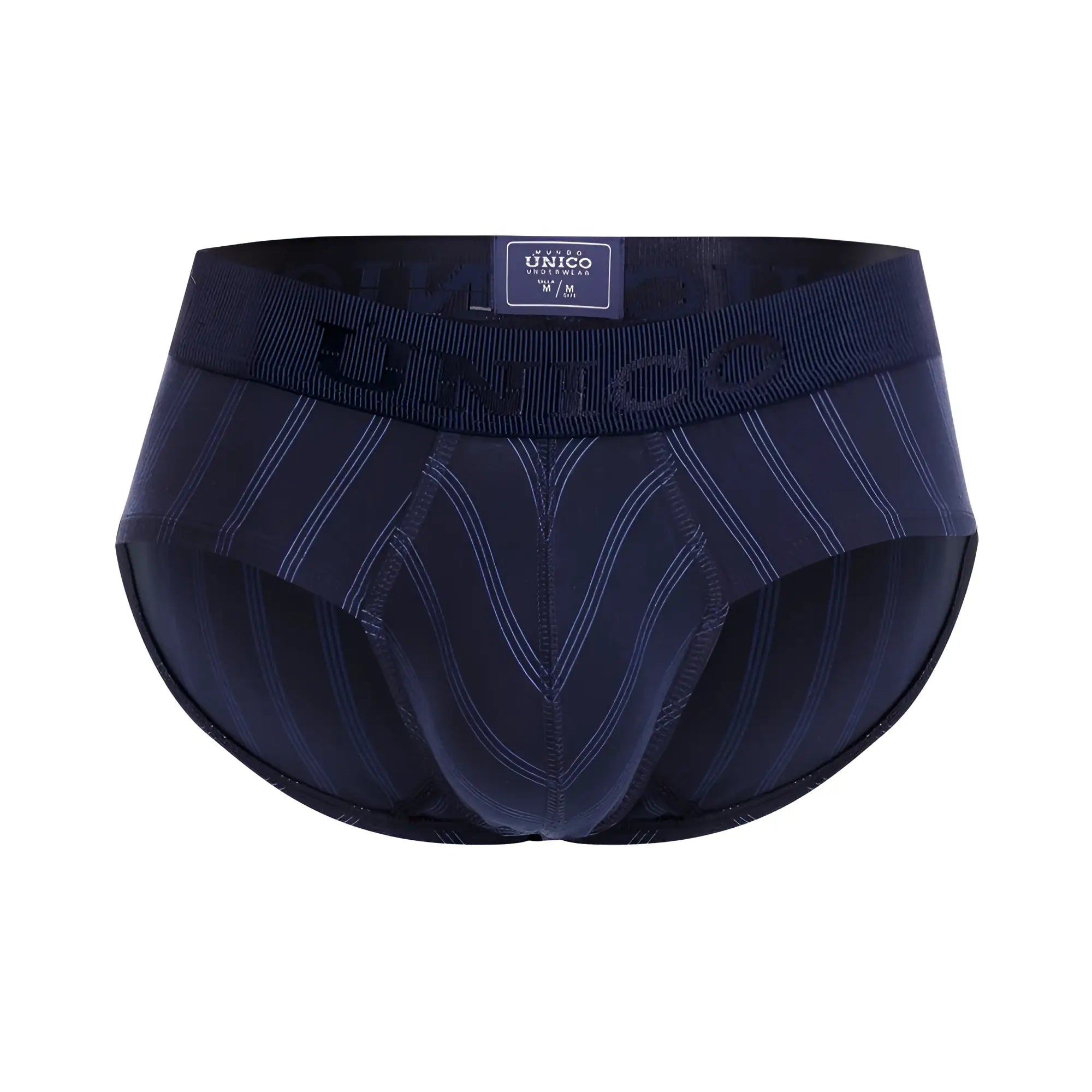 Navy blue striped unico senda briefs with ribbed elastic waistband and subtle white pinstripes in dark blue color