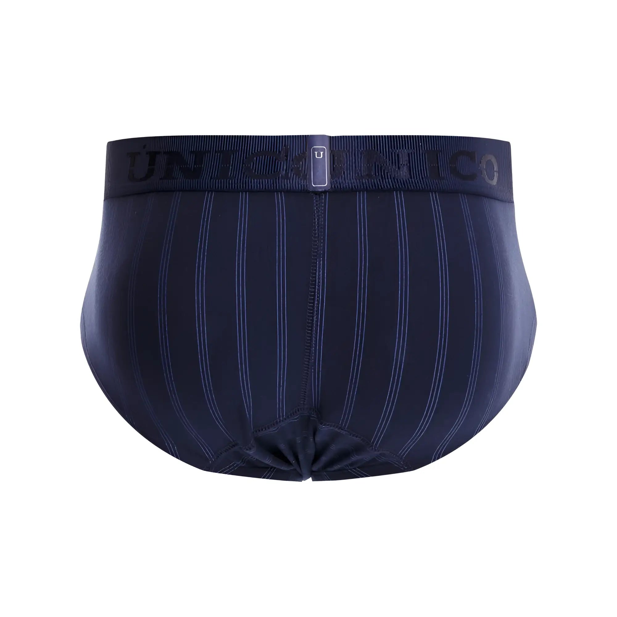 Navy blue uniqo 22100201103 senda briefs with white pinstripes and elastic waistband featuring uniformico brand name