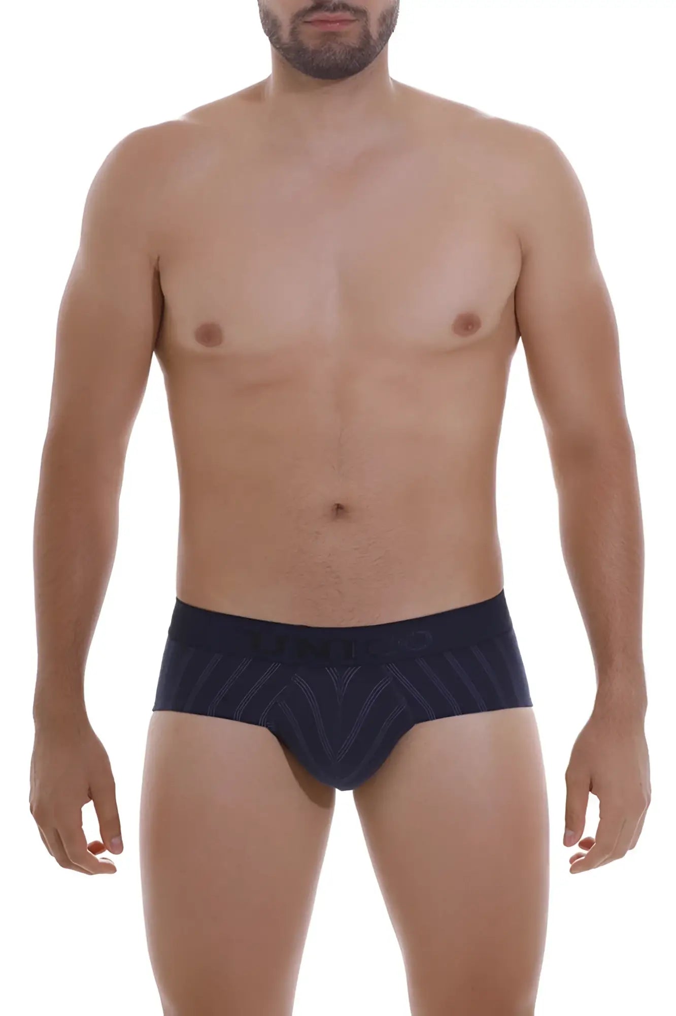 Dark navy Unico Senda briefs with subtle geometric pattern offering comfortable fit and breathable fabric