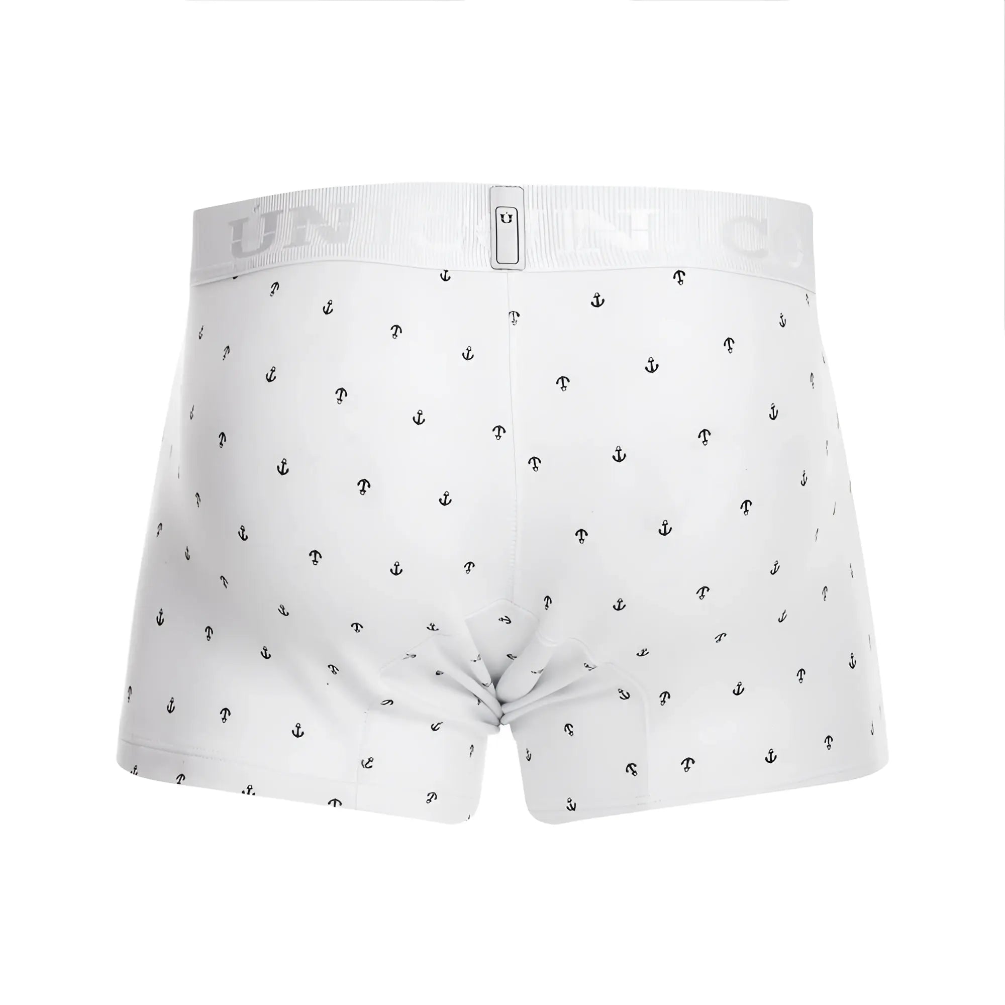 White Unico 22110100101 Naviero trunk boxer briefs with black anchor pattern and ribbed waistband with brand logo