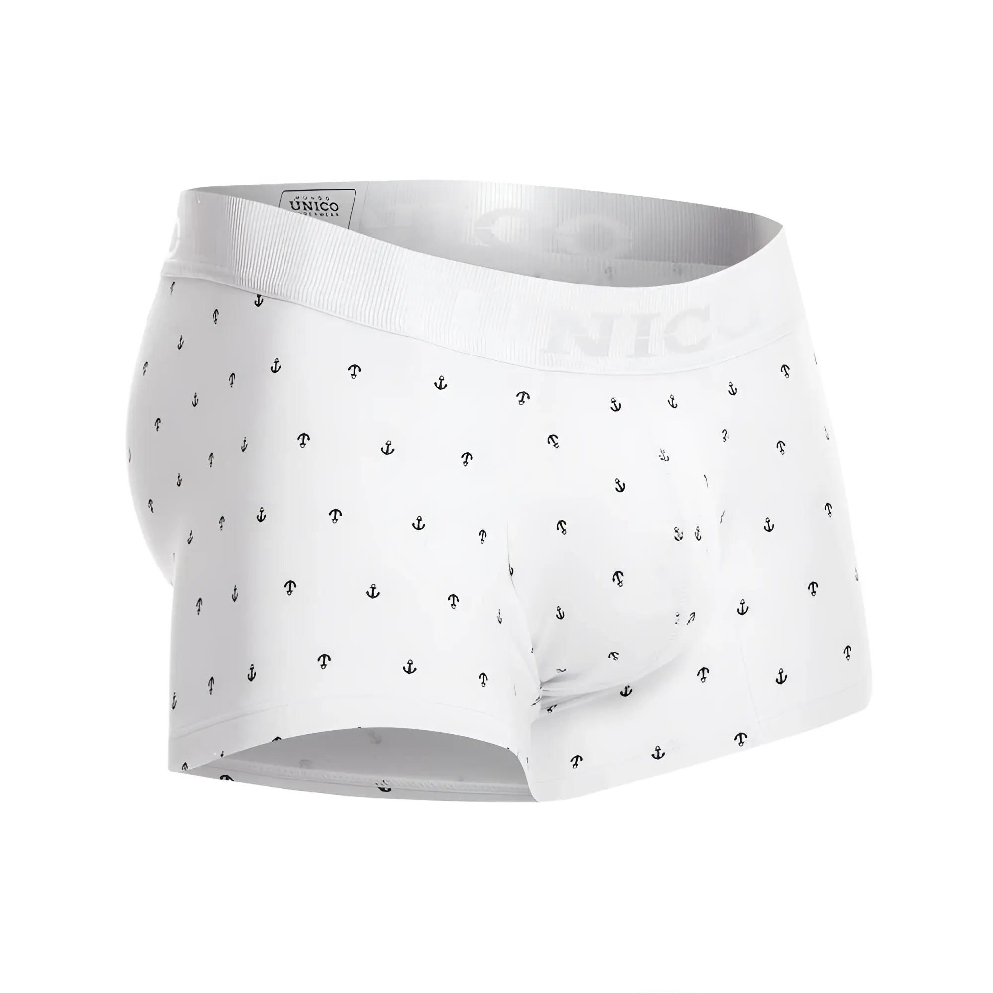 White unico naviero men’s briefs with black anchor pattern and branded elastic waistband in color 29-white