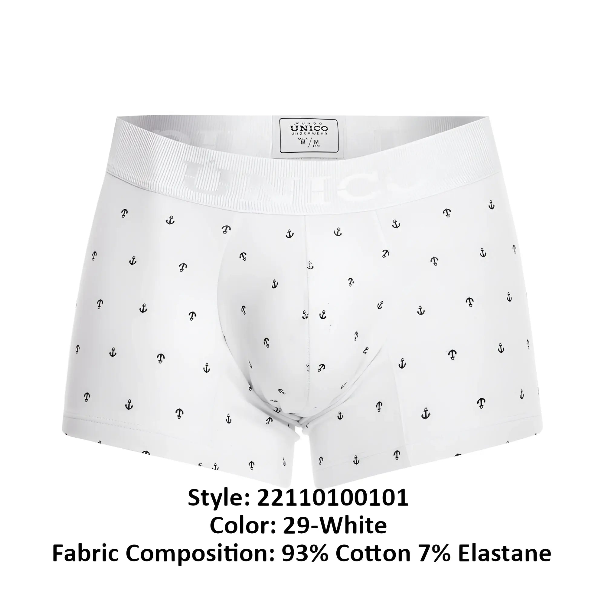 White mens boxer briefs with black anchor and question mark pattern made of 93 cotton 7 elastane unico 22110100101 naviero trunks color 29-white