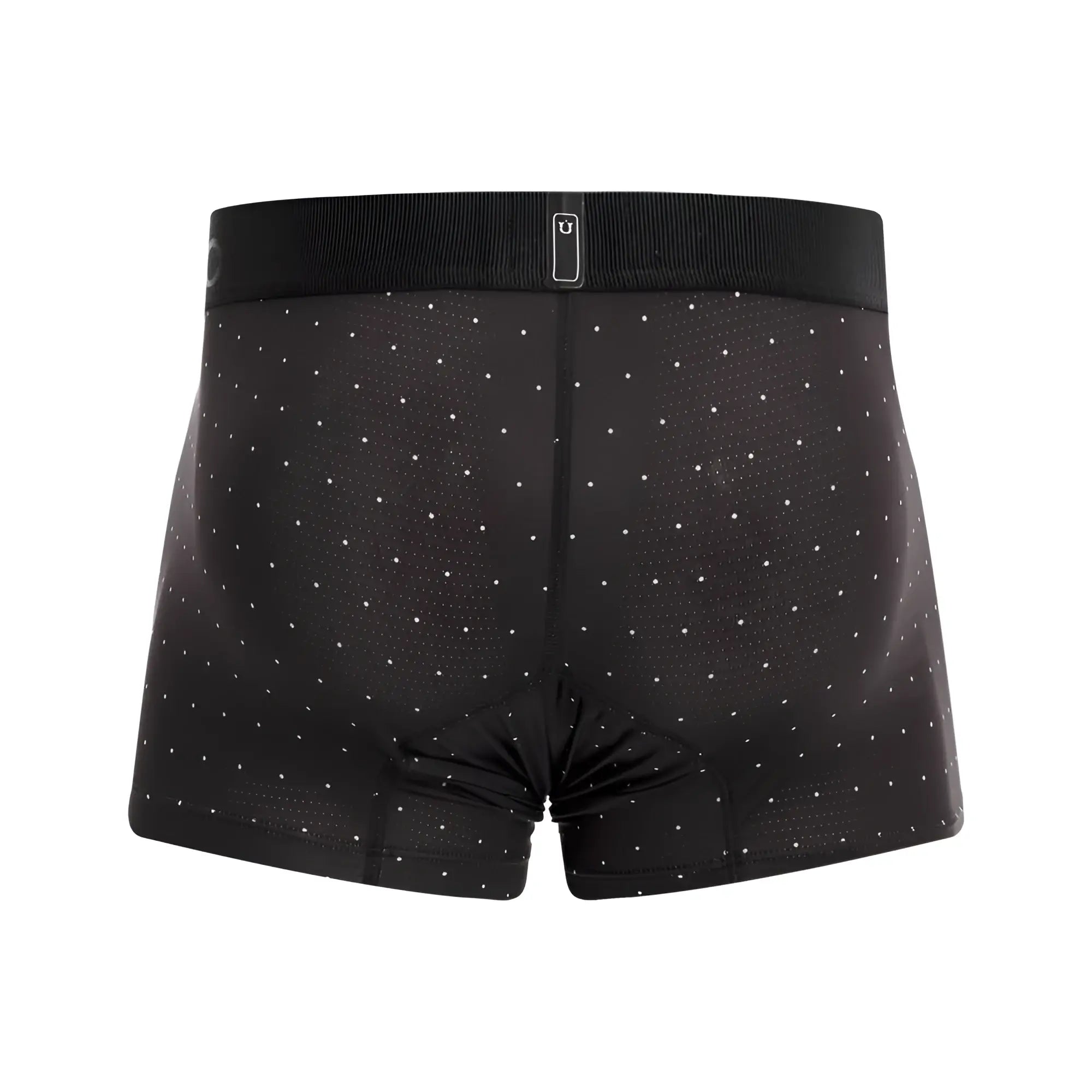 Black Unico Astros trunks with subtle white dot pattern and ribbed waistband featuring small rectangular logo