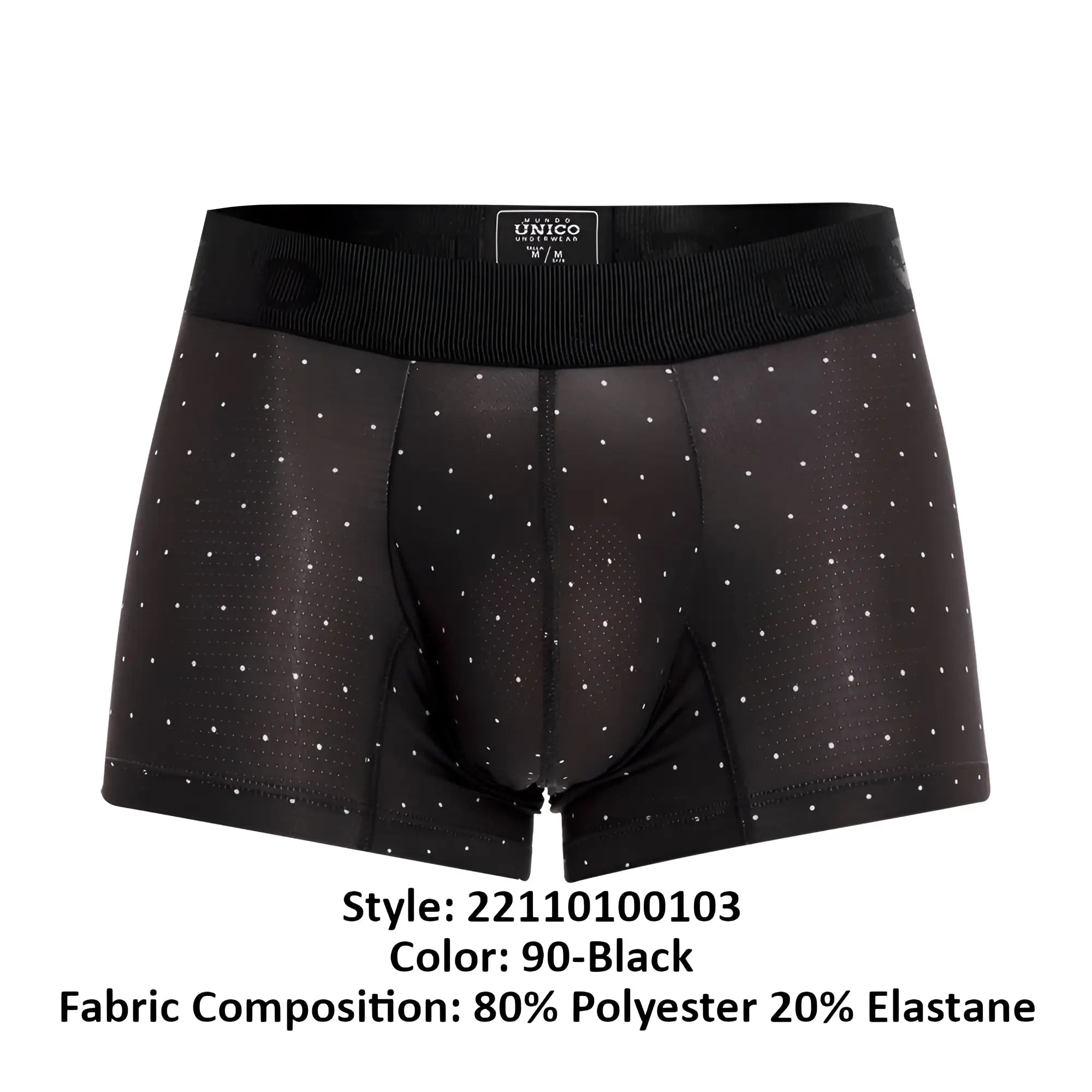 Black unico 22110100103 astros trunks boxer briefs with subtle white polka dots and ribbed waistband