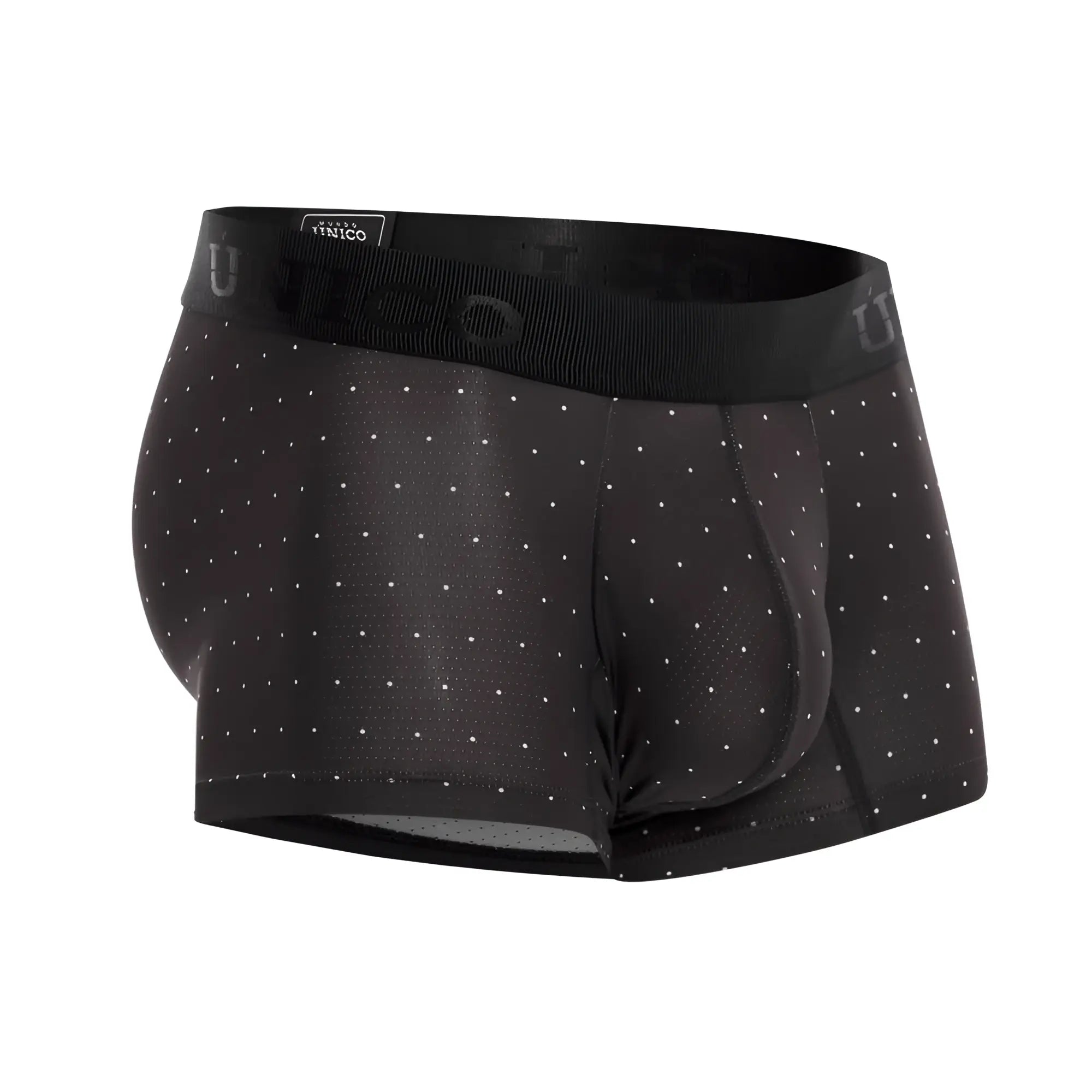 Black mens boxer briefs with subtle white polka dots and branded elastic waistband unico 22110100103 astros trunks
