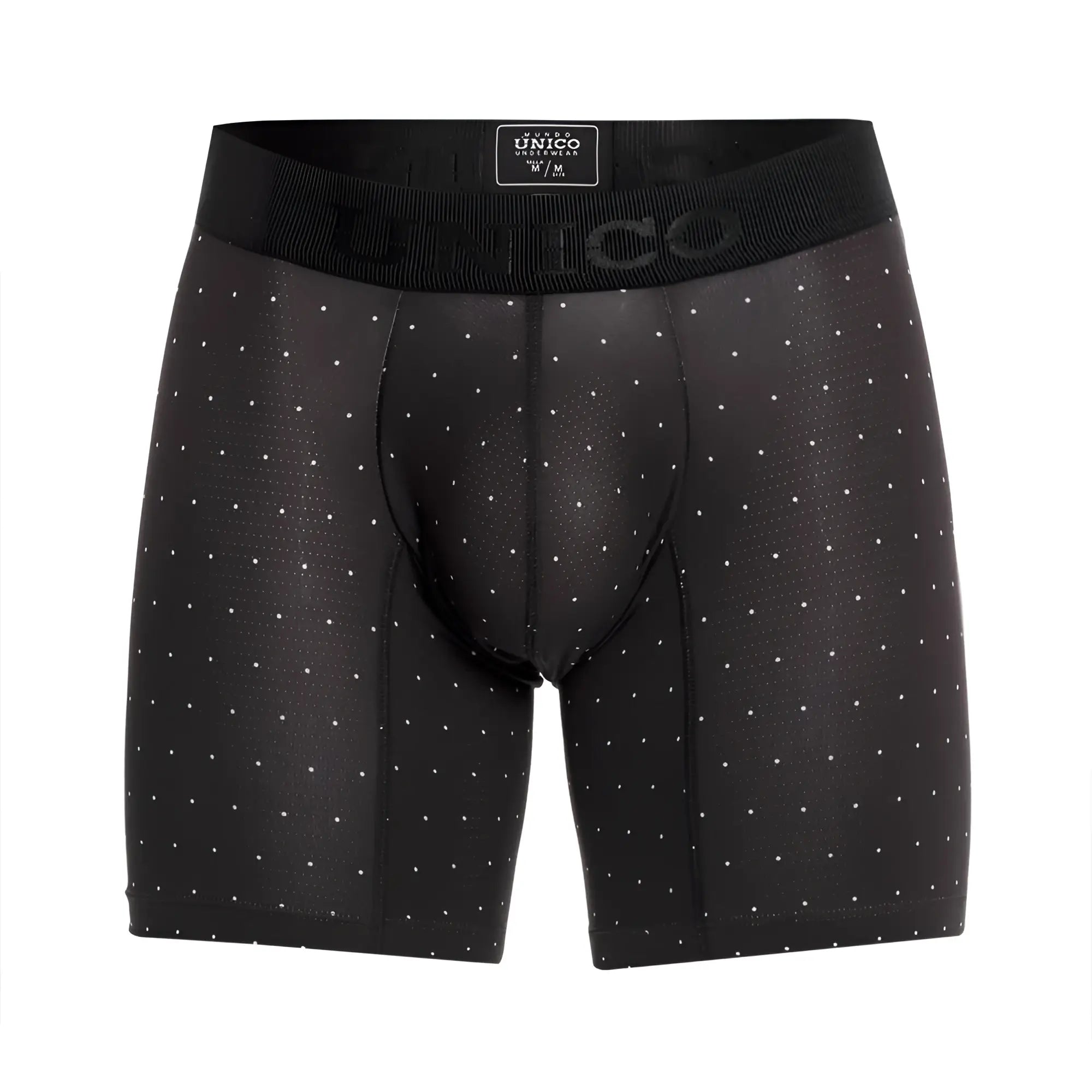 Black unico Astros boxer briefs with subtle white polka dots and ribbed waistband in color 90 Black