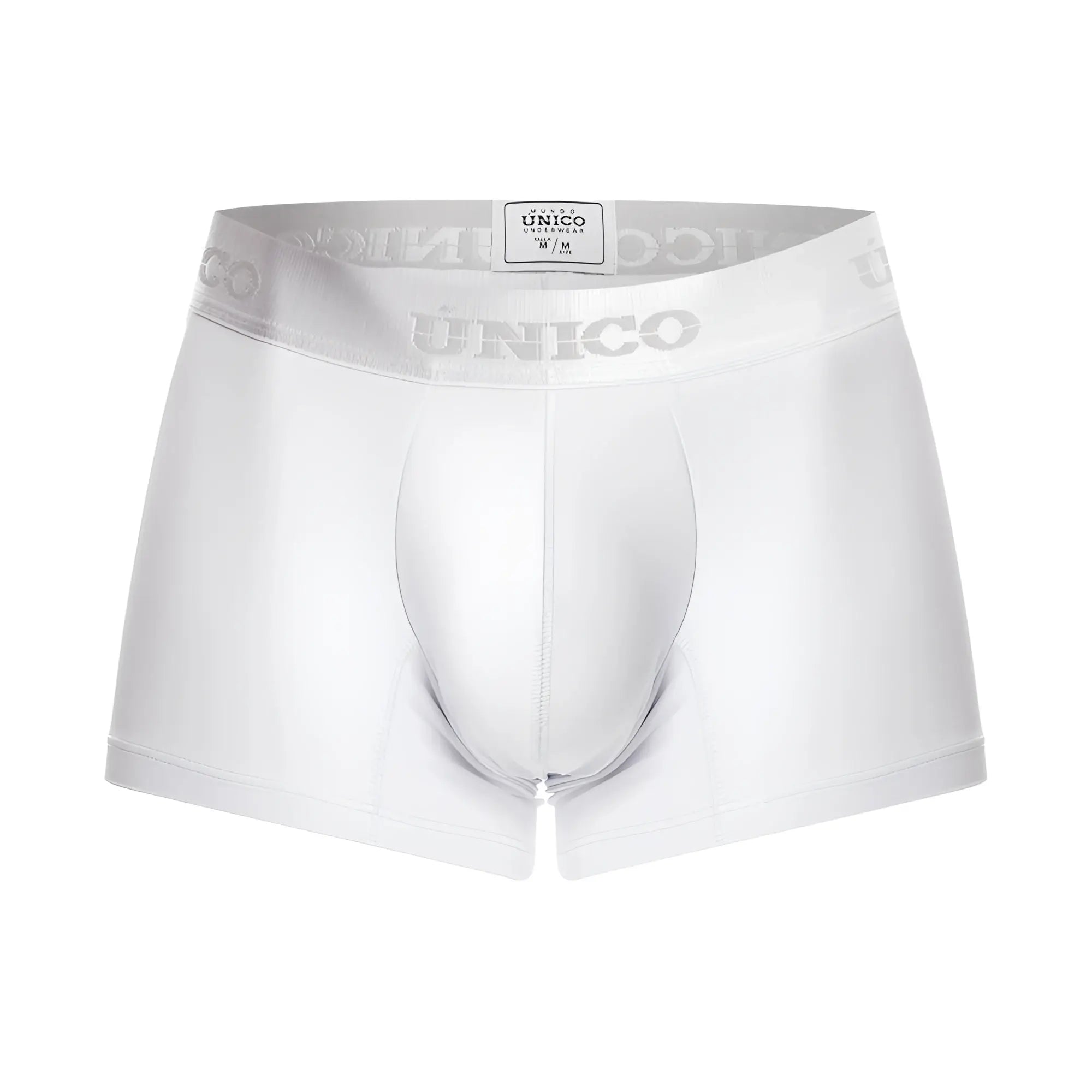 White unico men’s boxer briefs with silver logo trim on waistband from unico 22120100101 cristalino a22 trunks color 00-white