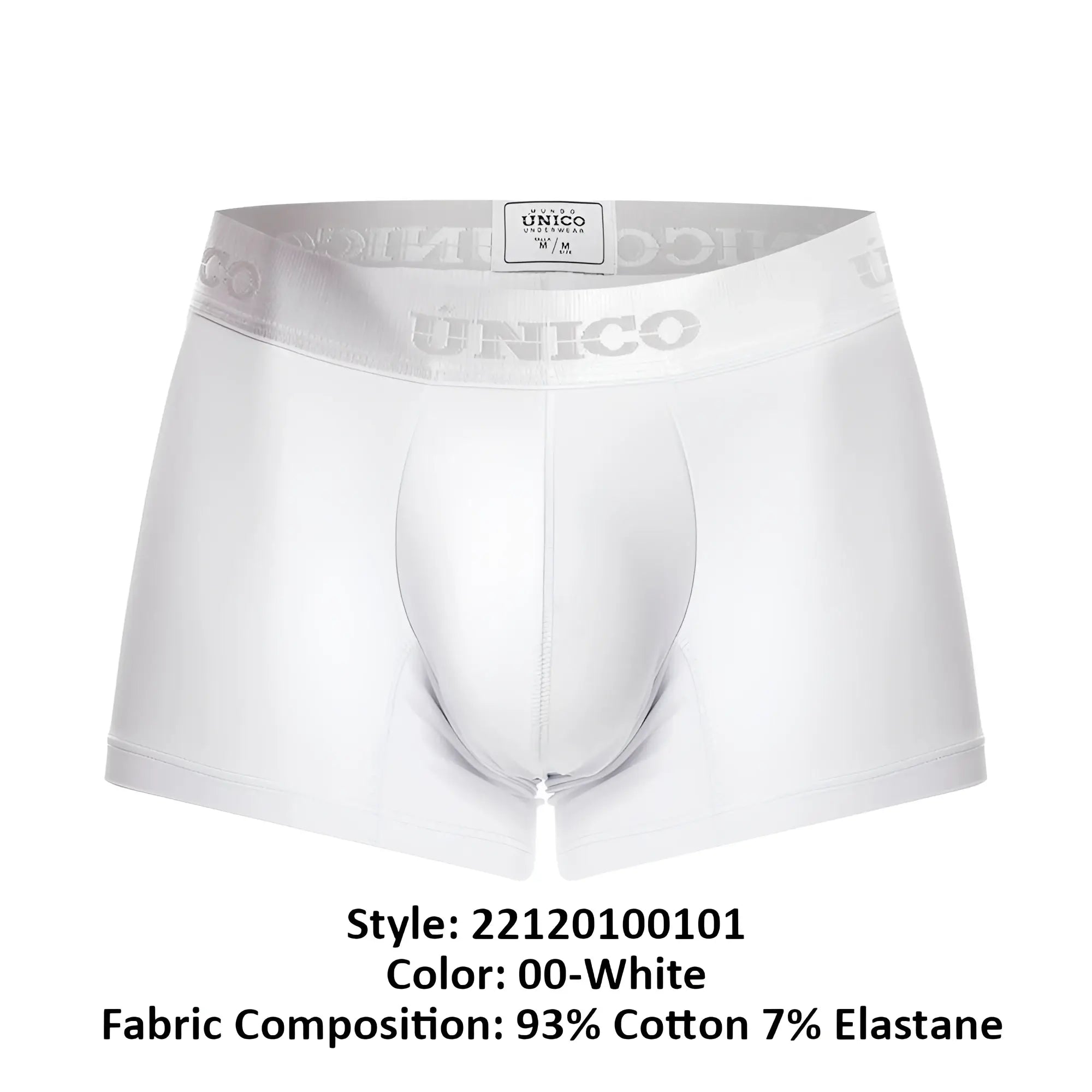 White unico 22120100101 cristalino a22 boxer briefs with a subtle embossed logo on the elastic waistband