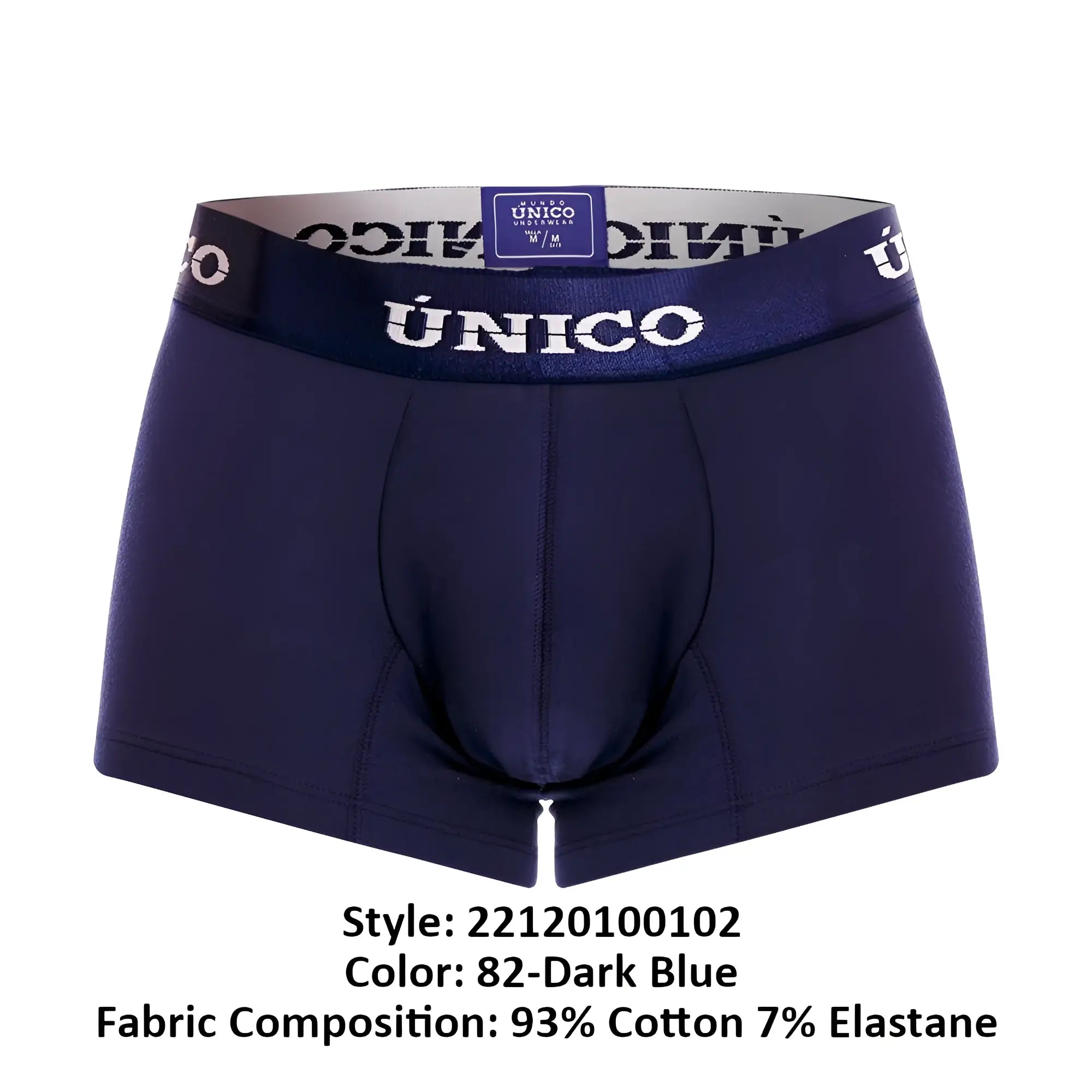Dark blue unico 22120100102 Profundo A22 men’s boxer briefs with matching elastic waistband and white logo lettering