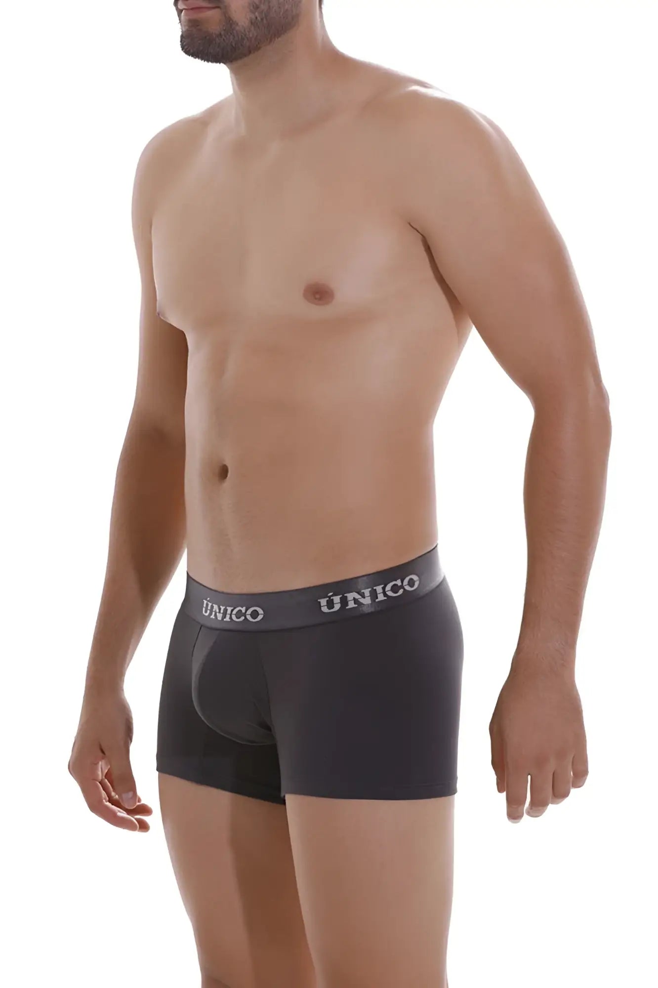 Black unico boxer briefs with gray waistband and white brand name designed for comfort in dark gray trunks color 96