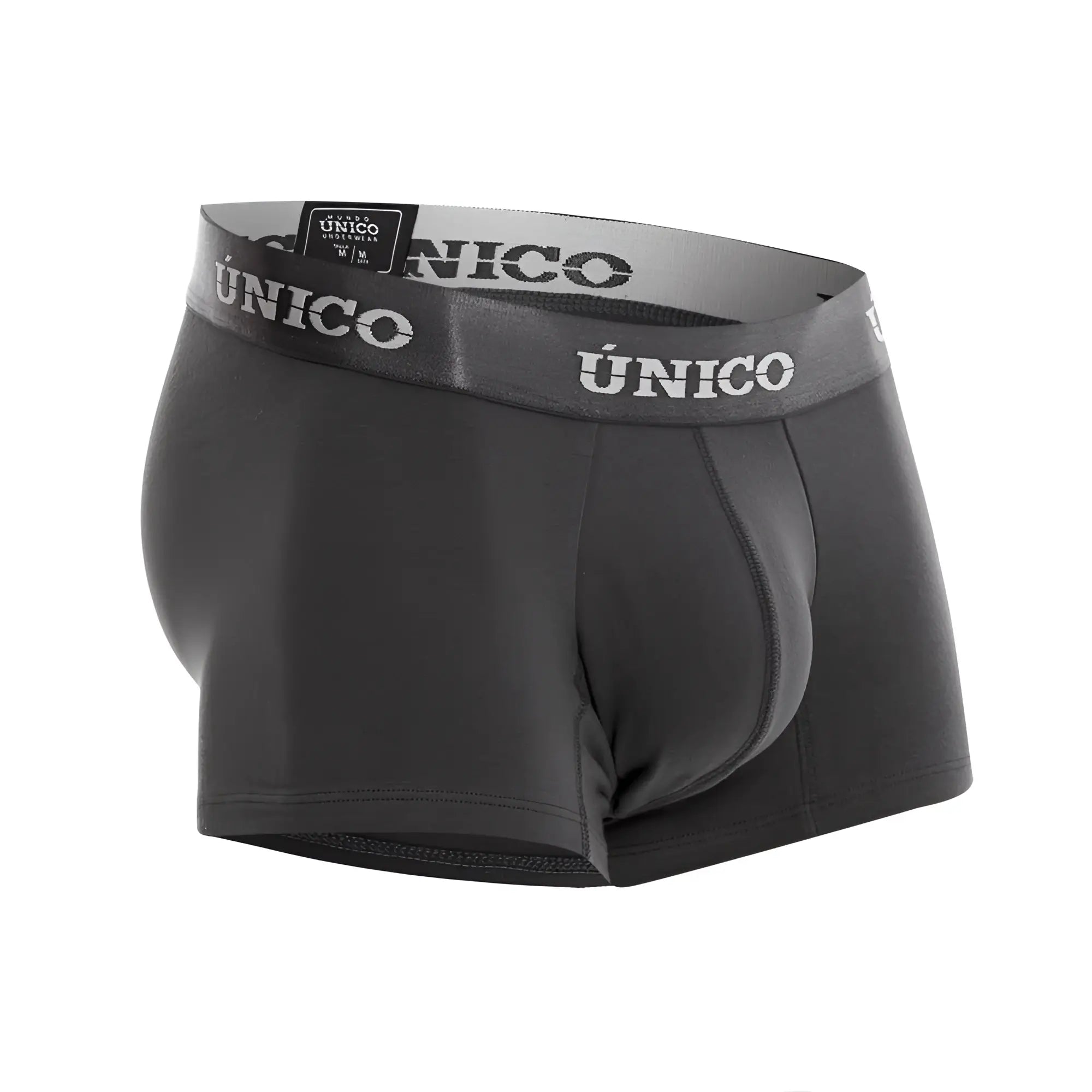 Black unico men’s boxer briefs with gray waistband and white unico branding in dark gray color model 22120100104 asfalto a22 trunks