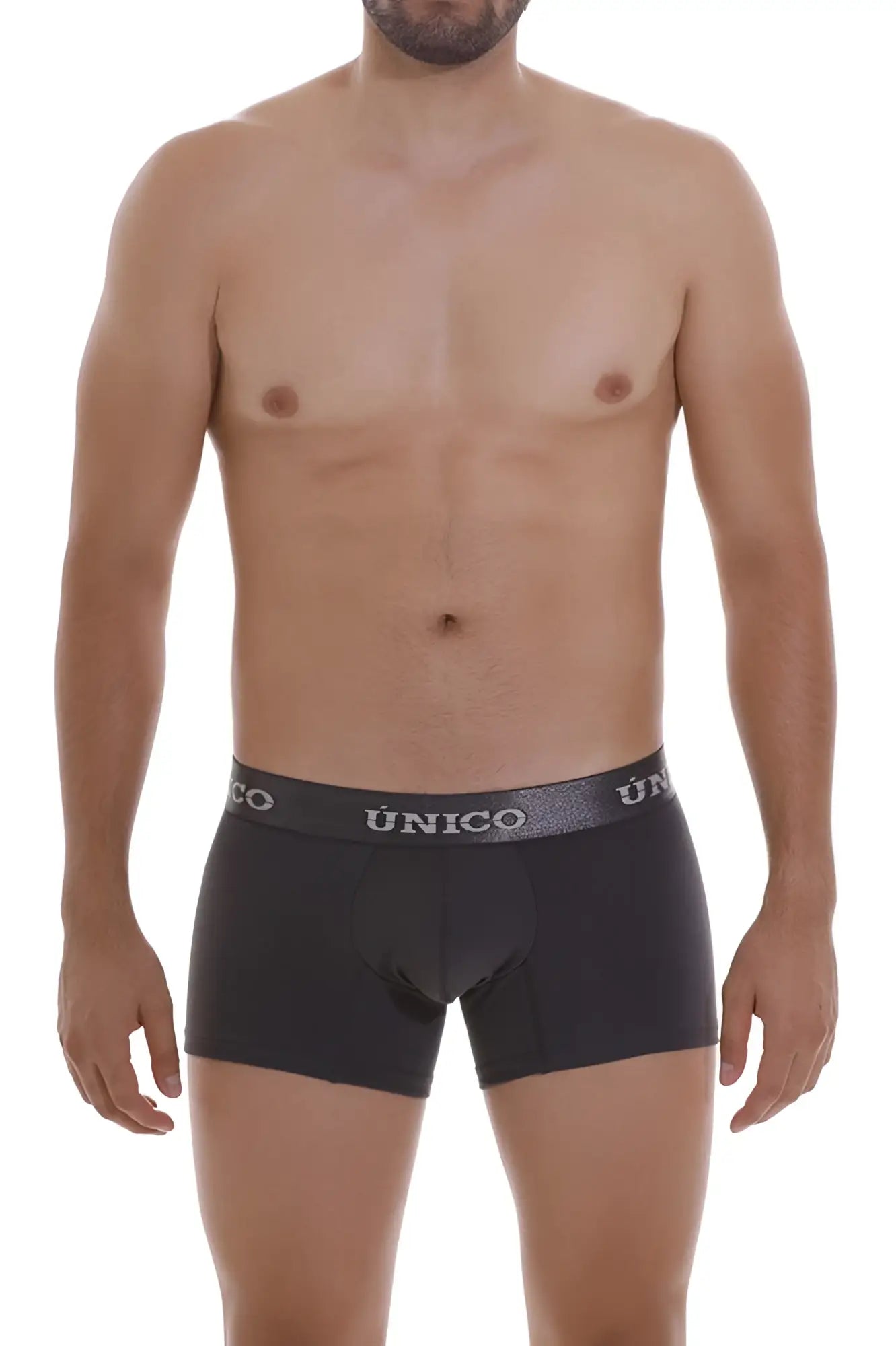 Black unico trunks with gray waistband featuring unico brand name in white dark gray color model 22120100104 asfalto