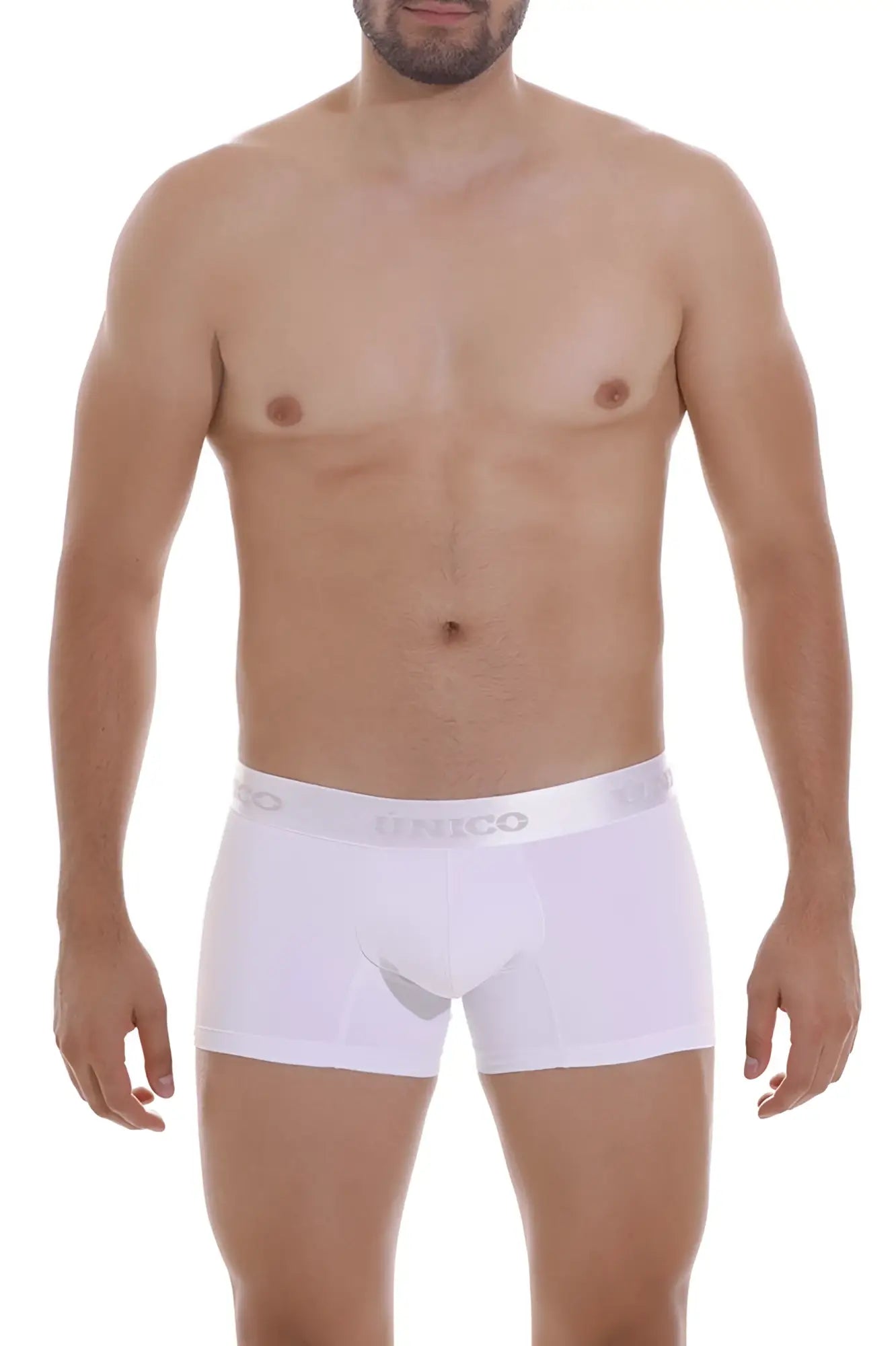 White unico 22120100105 cristalino m22 boxer briefs with subtle elastic waistband and gray brand name lettering
