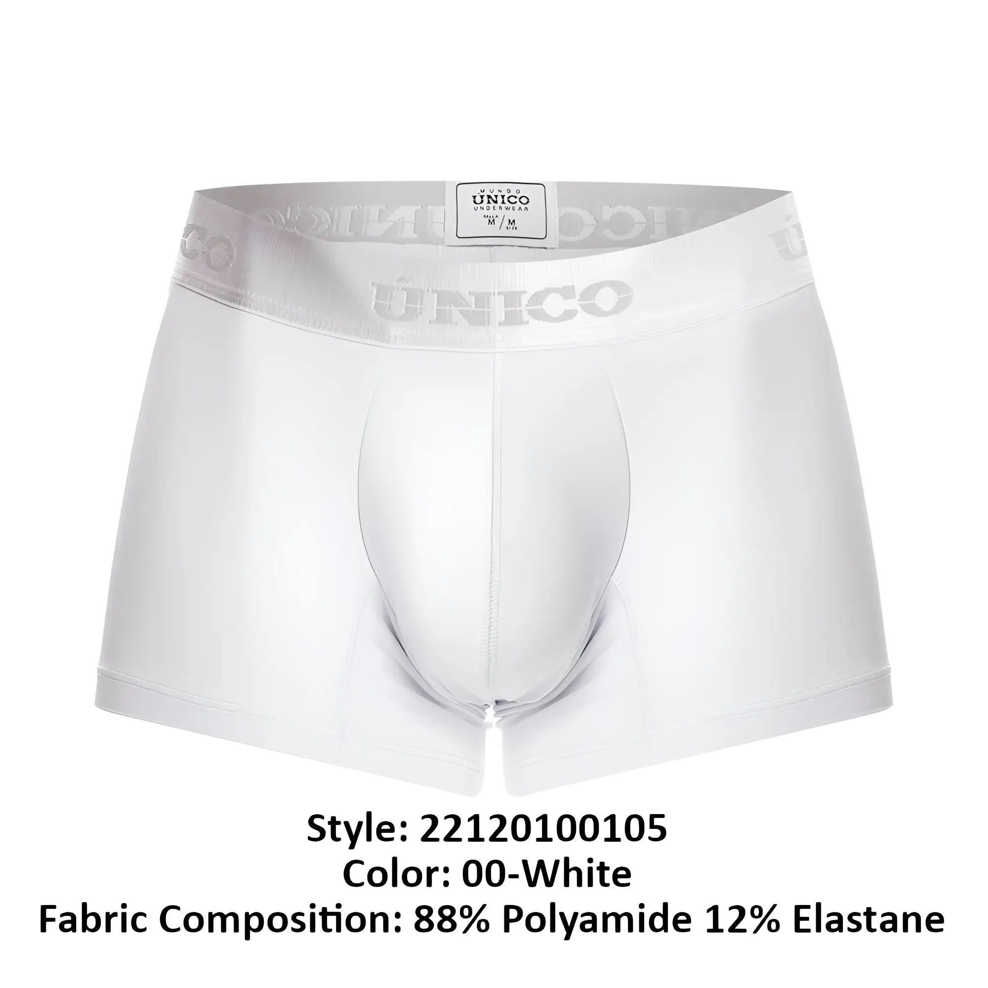 White unico men’s boxer briefs with supportive contoured design and elastic waistband featuring subtle gray branding