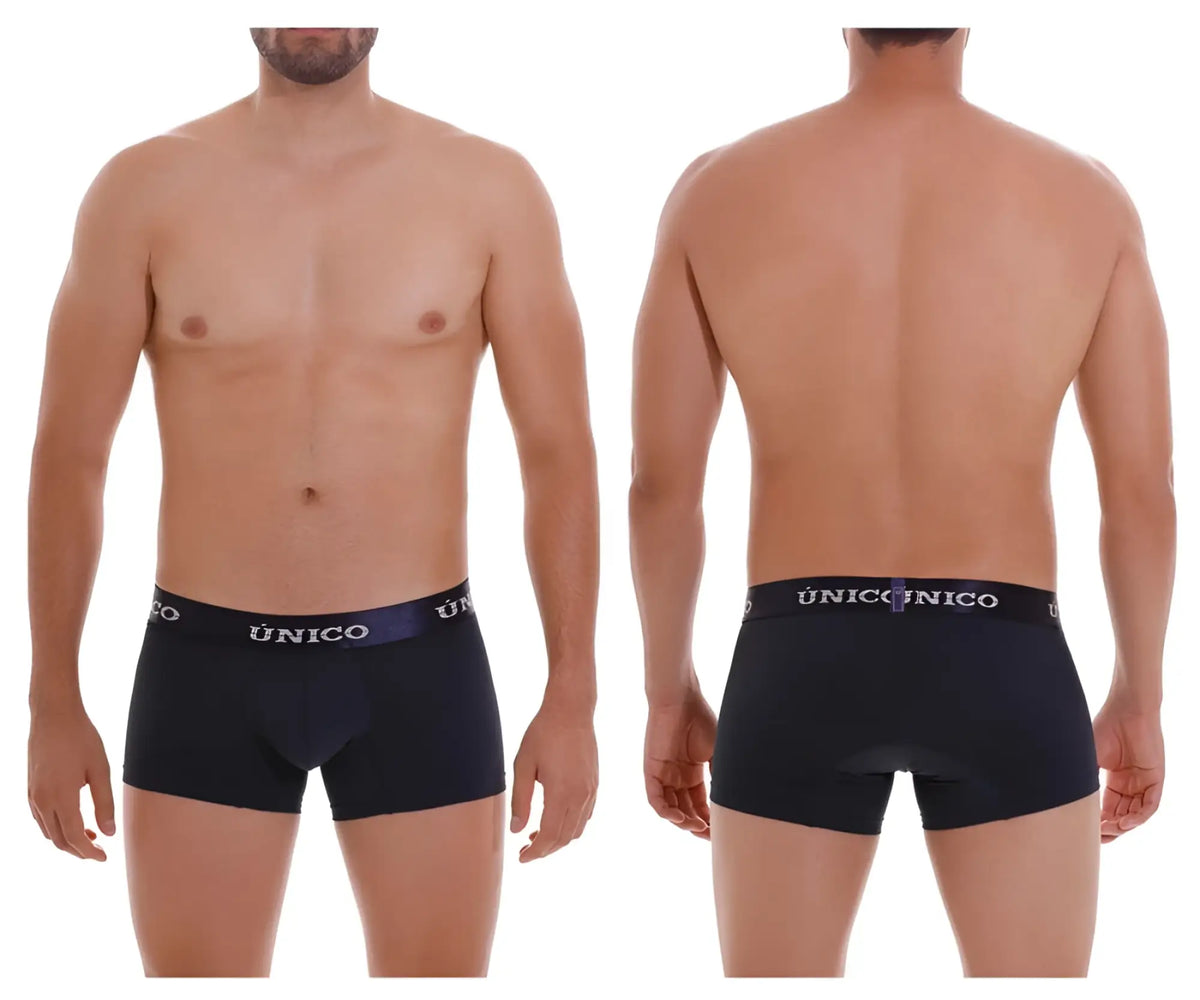 Unico 22120100106 Profundo M22 black boxer briefs with purple waistband and white brand name lettering