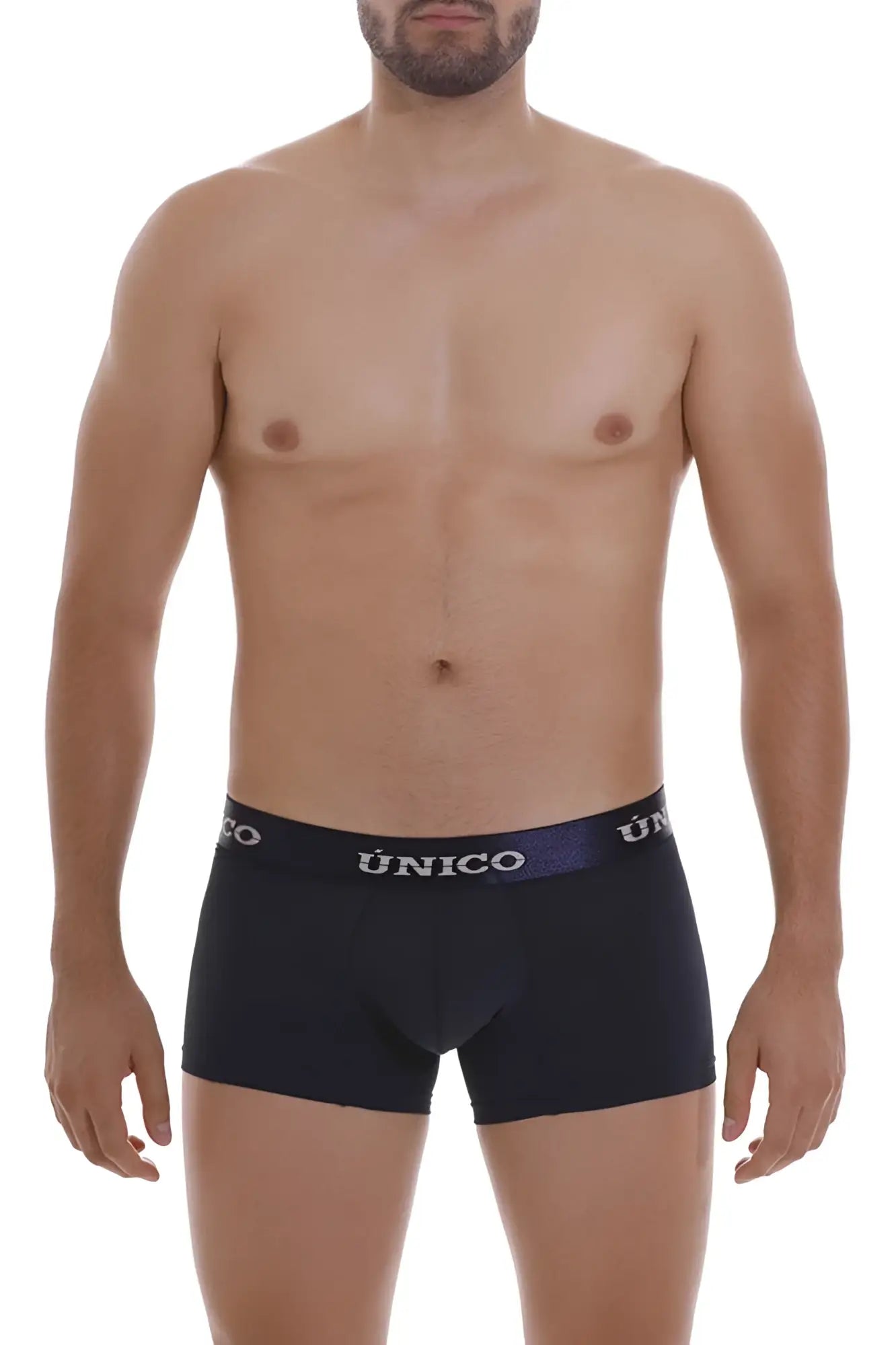 Black unico men’s briefs with navy blue waistband featuring white unico branding in color 82-dark blue trunks