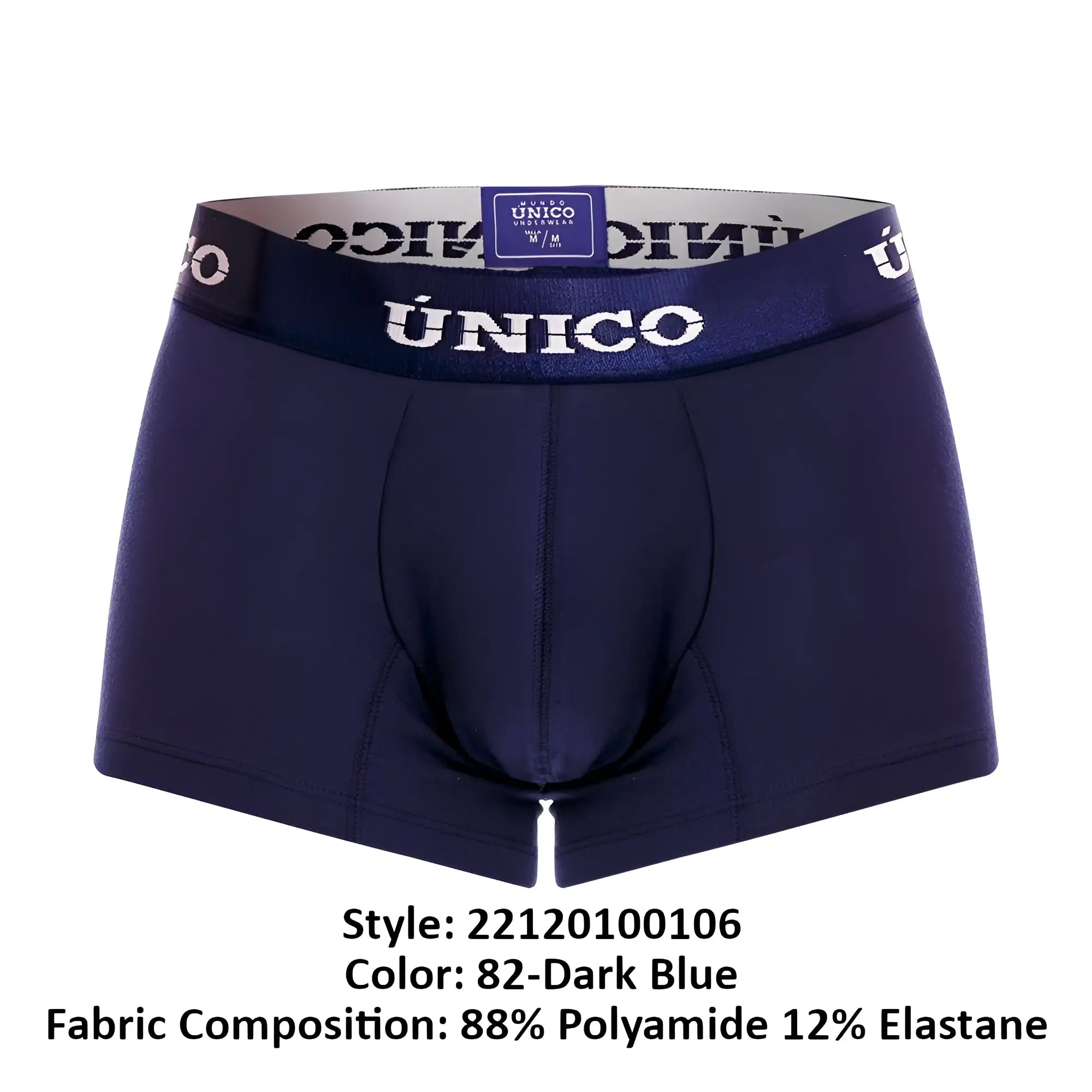 Dark blue unico 22120100106 profundo m22 men’s boxer briefs with matching elastic waistband in white lettering