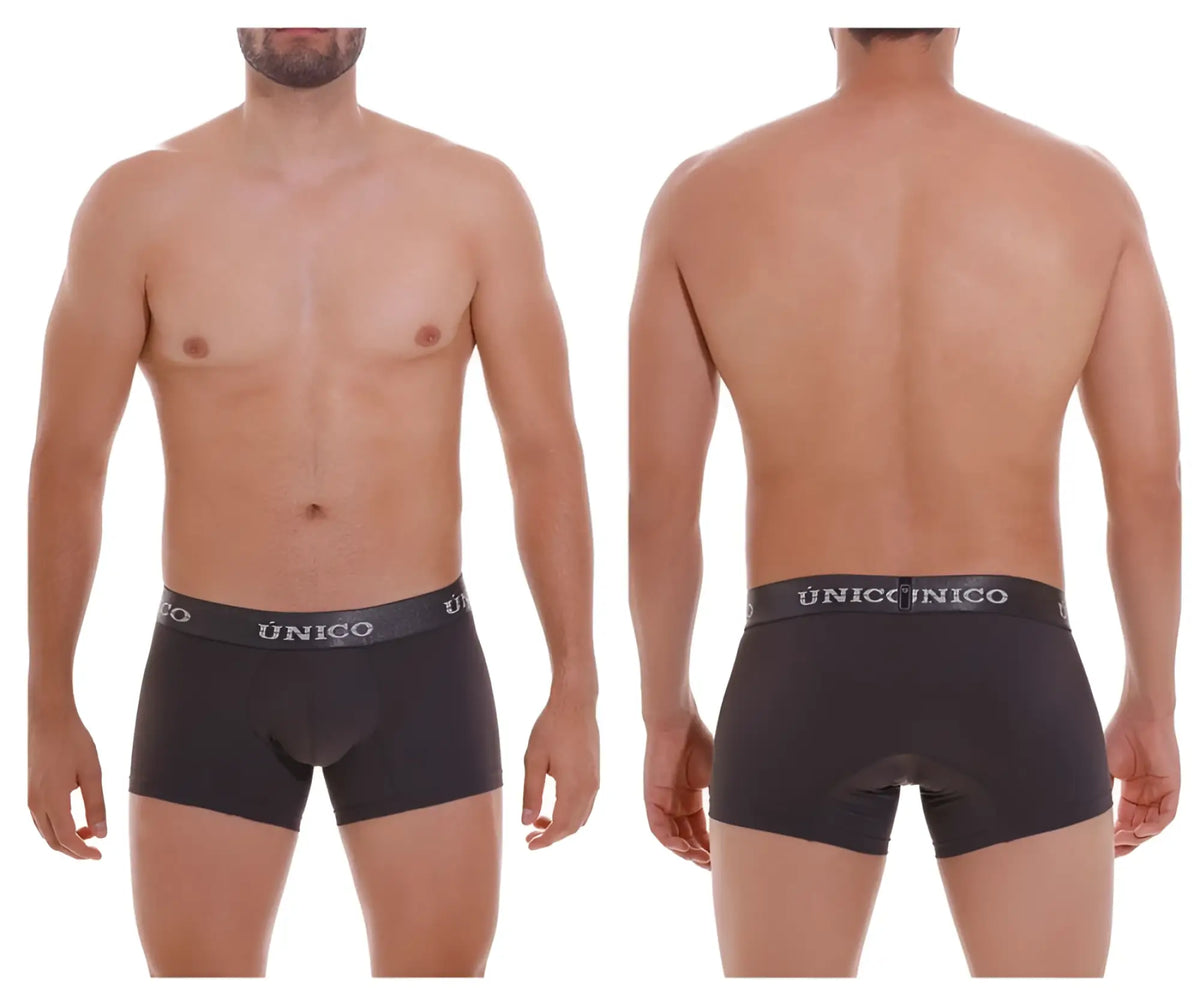 Black unico men’s boxer briefs with gray elastic waistband and white brand name in dark gray color trunk style
