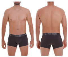 Black unico men’s boxer briefs with gray elastic waistband and white brand name in dark gray color trunk style