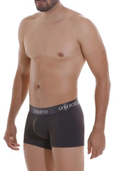 Black unico men’s boxer briefs with gray waistband and white brand name in dark gray color for comfortable wear