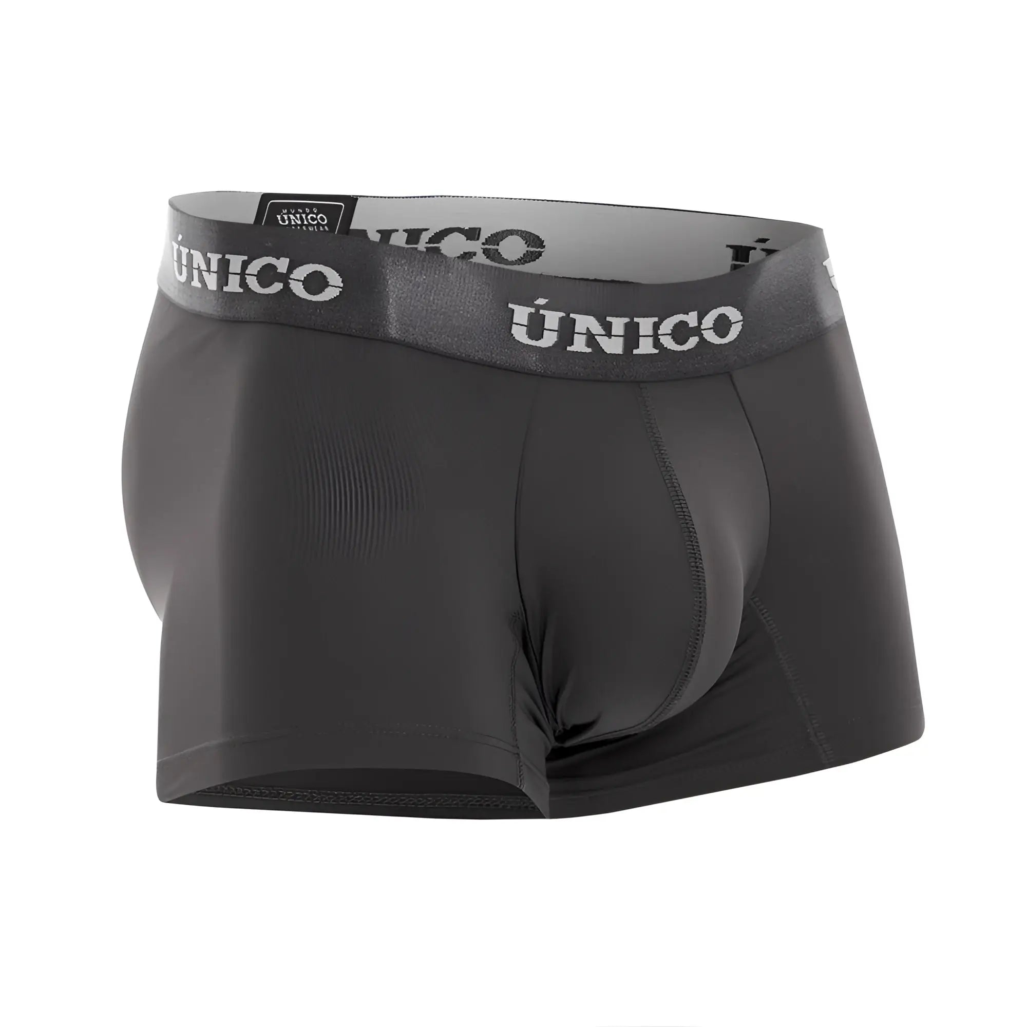 Black unico men’s boxer briefs with gray waistband and white brand name lettering in dark gray color