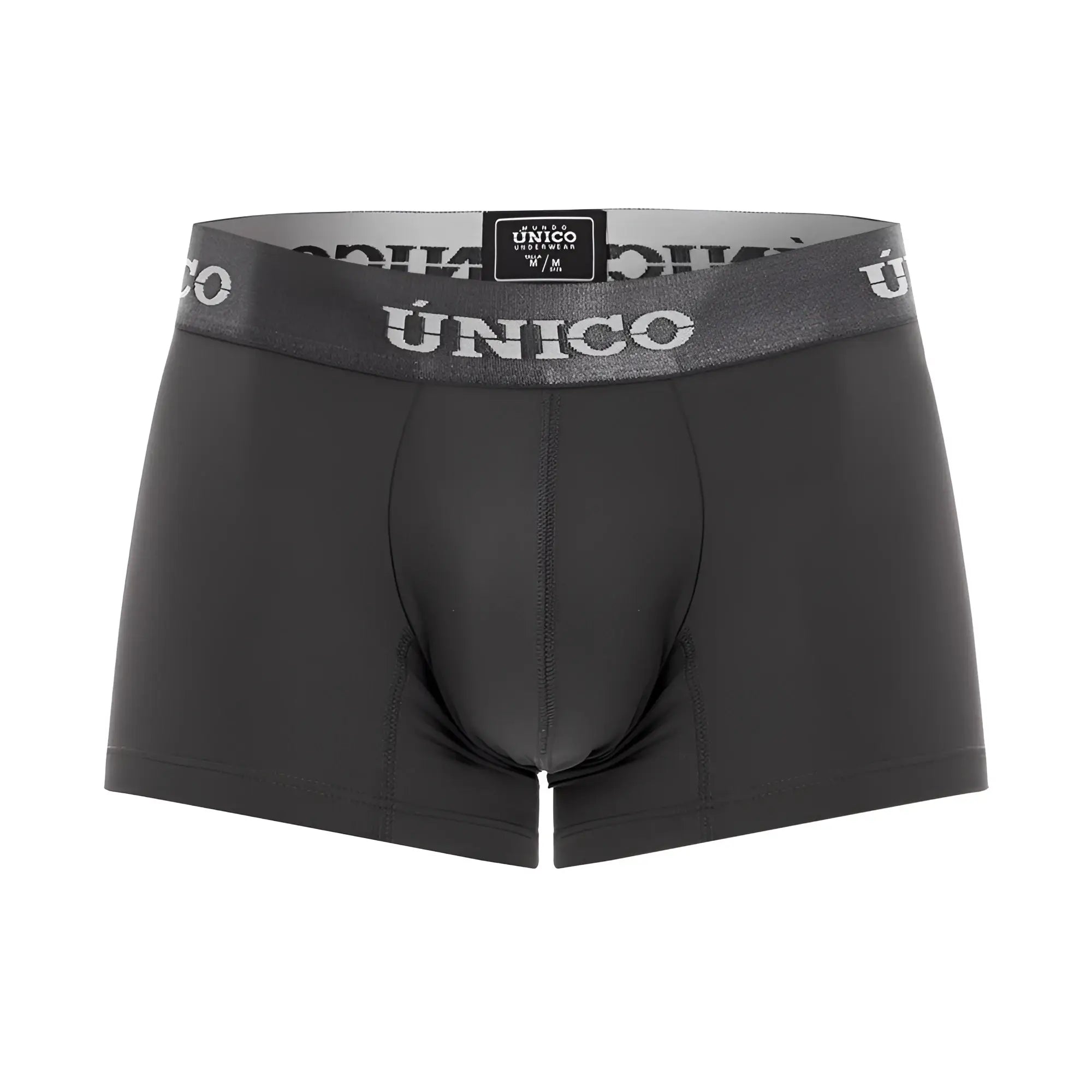 Black unico men’s boxer briefs with gray waistband and white brand name in dark gray color for comfortable wear