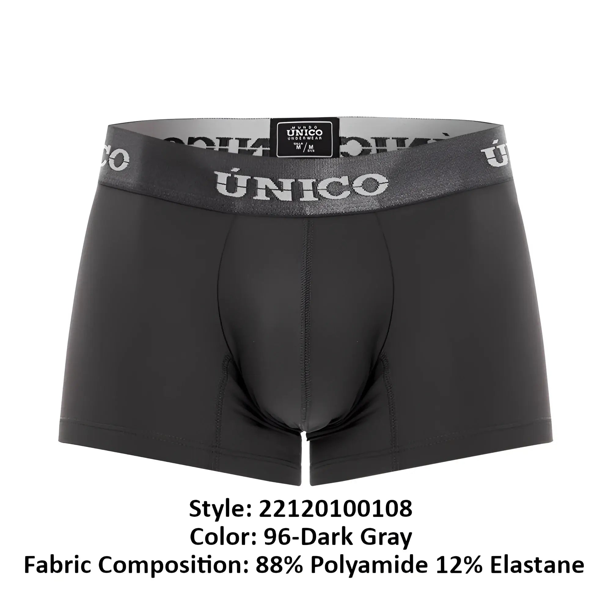 Dark gray unico 22120100108 asfalto m22 men’s boxer briefs with textured waistband and white brand name lettering