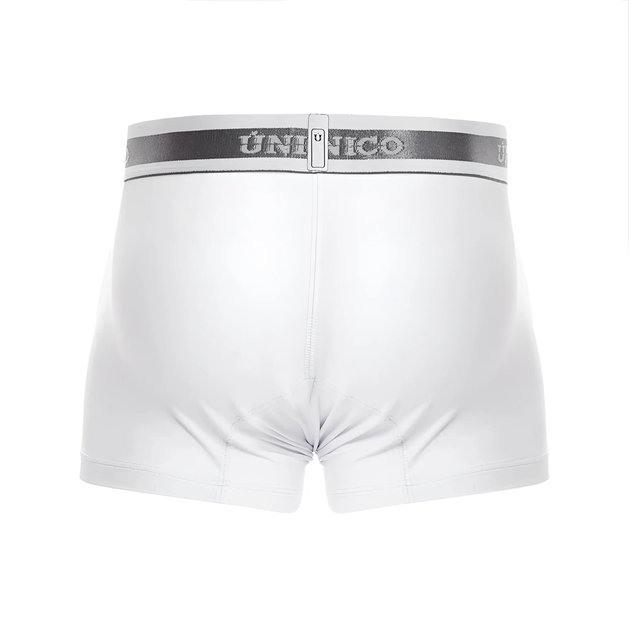 White unico boxer briefs with gray elastic waistband featuring the brand’s logo in lustre a22 trunks color 00-white