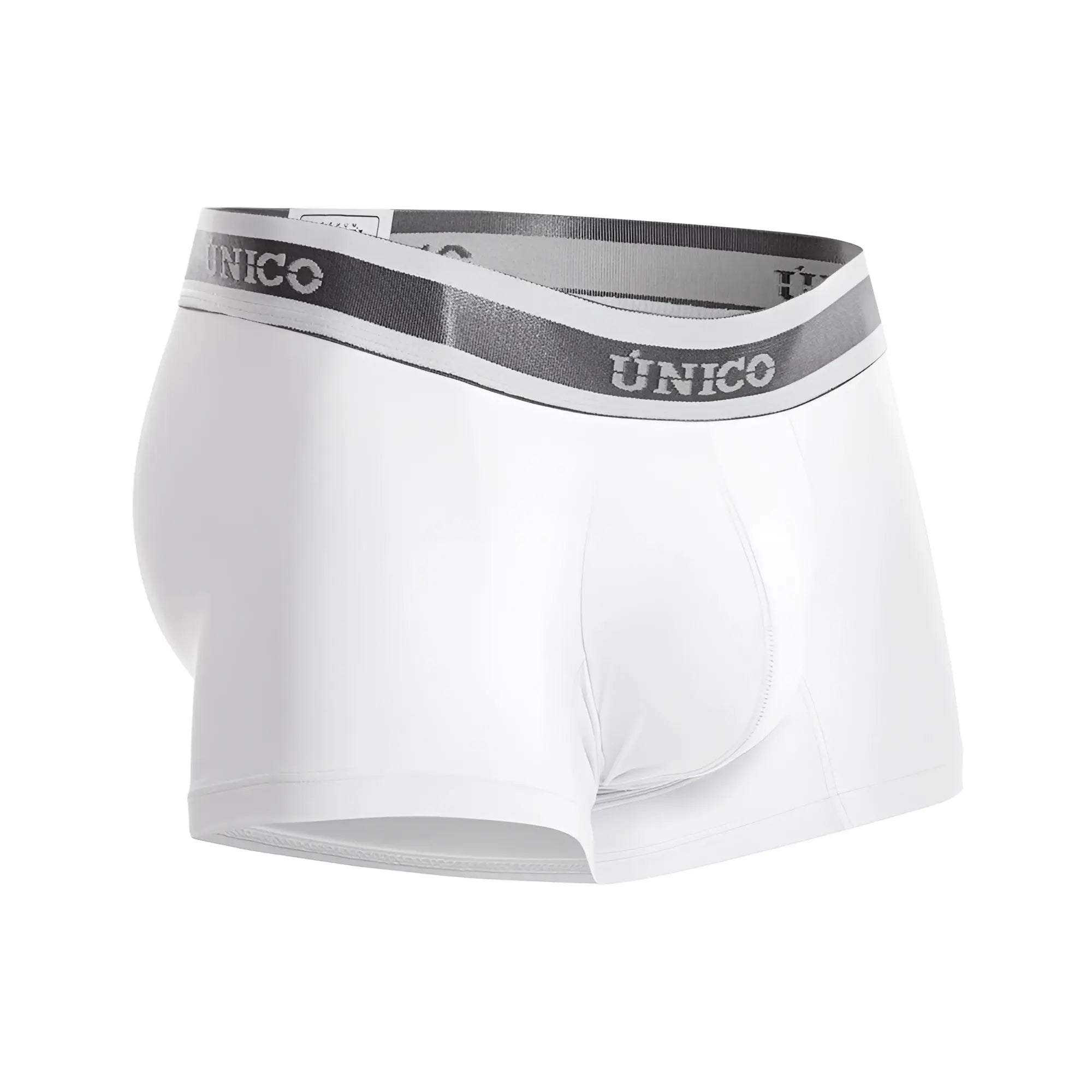 White unico 22120100109 lustre a22 men’s briefs with gray elastic waistband and silver brand lettering front view