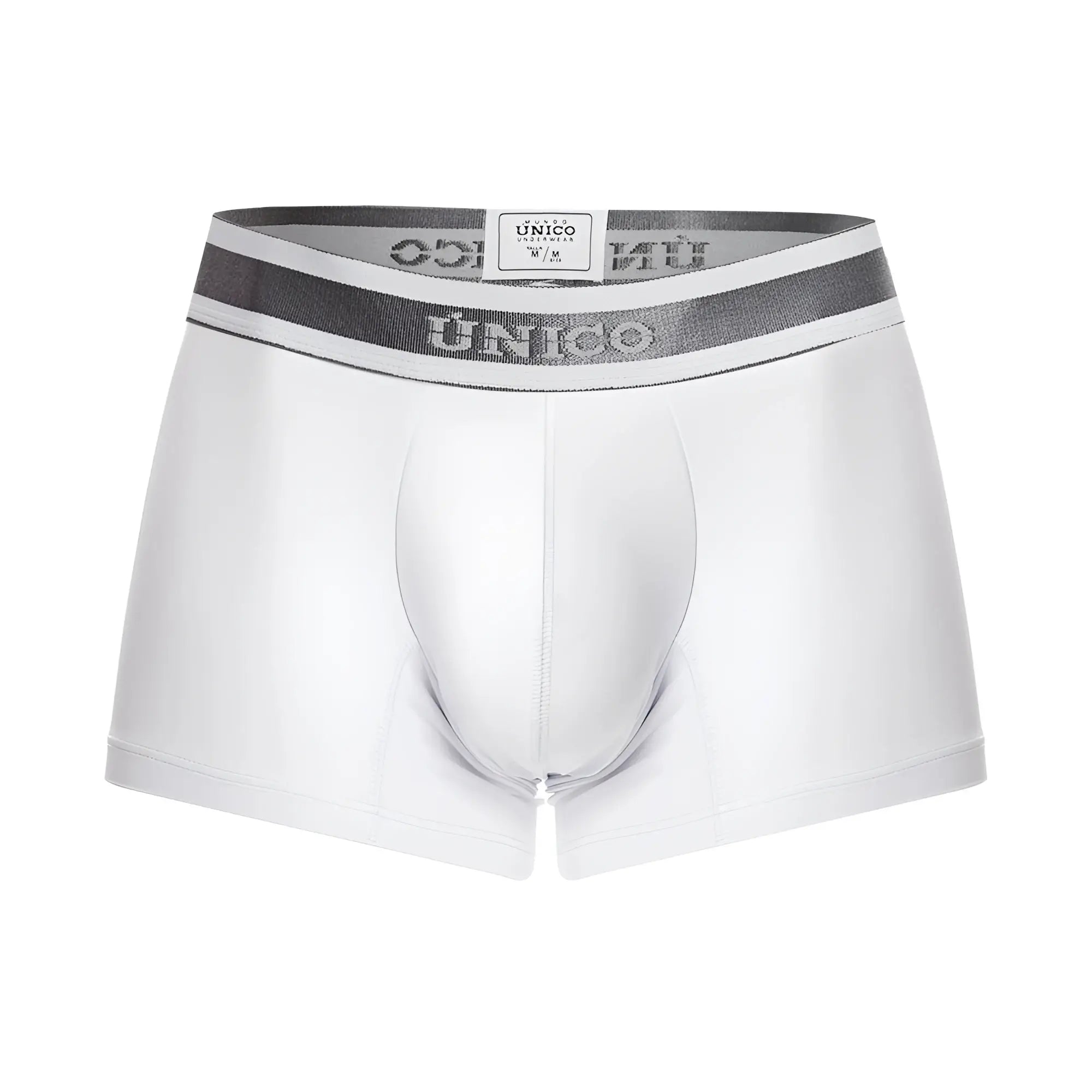 White unico men’s briefs with a silver-striped elastic waistband from the lustre a22 trunks collection color 00-white