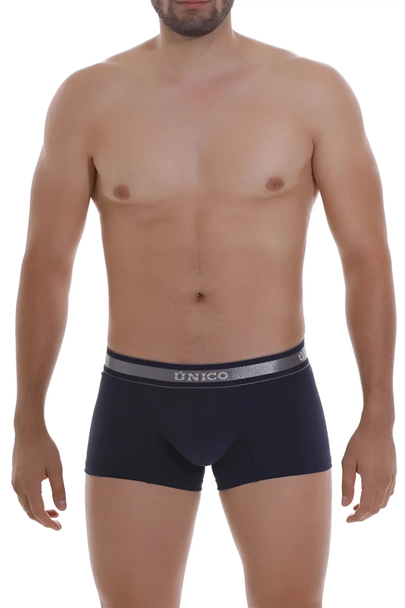 Black unico boxer briefs with gray elastic waistband and silver brand name lettering from unico 22120100110 cardenal a22 trunks
