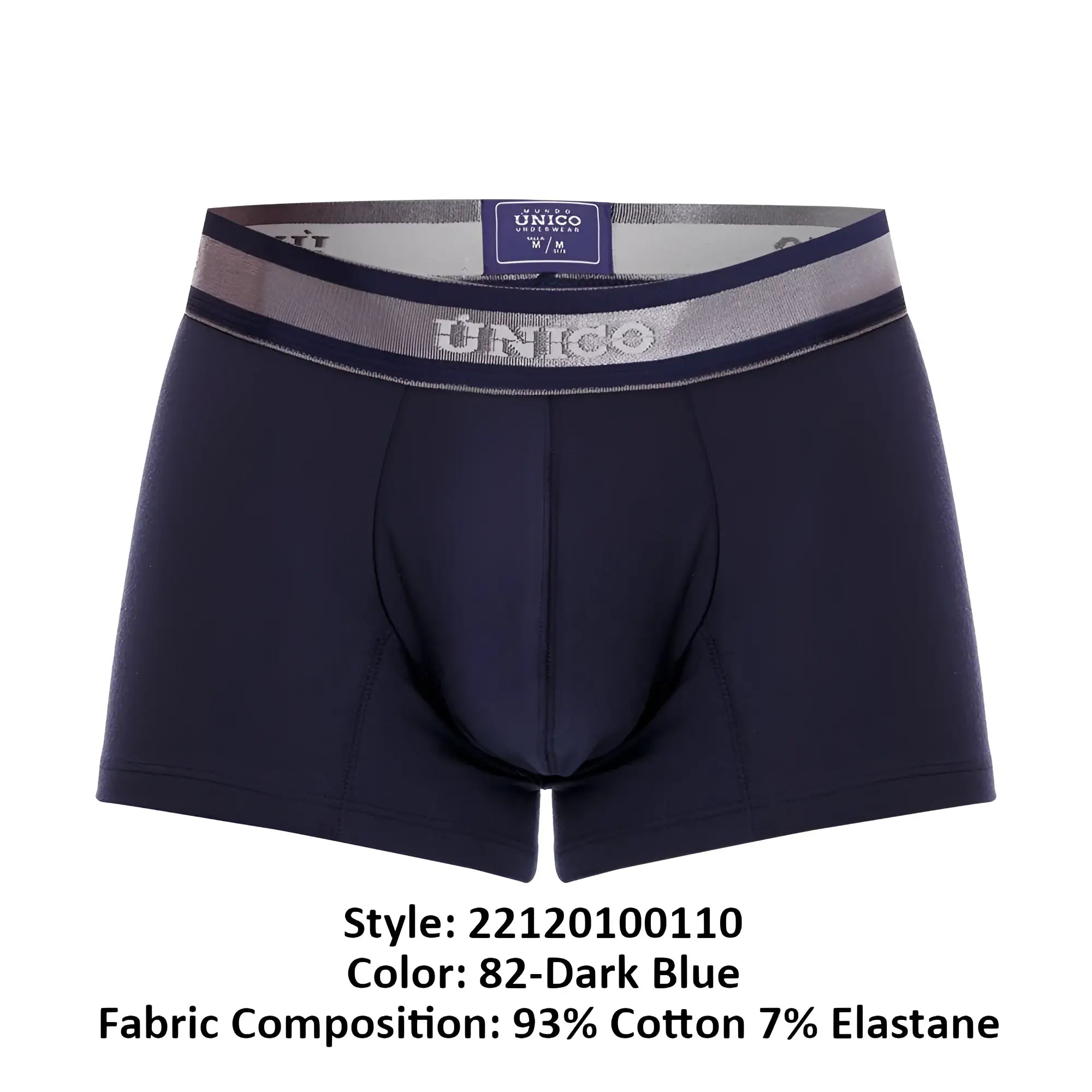 Dark blue unico men’s boxer briefs with silver and navy waistband featuring the brand logo unico 22120100110 cardenal a22 trunks