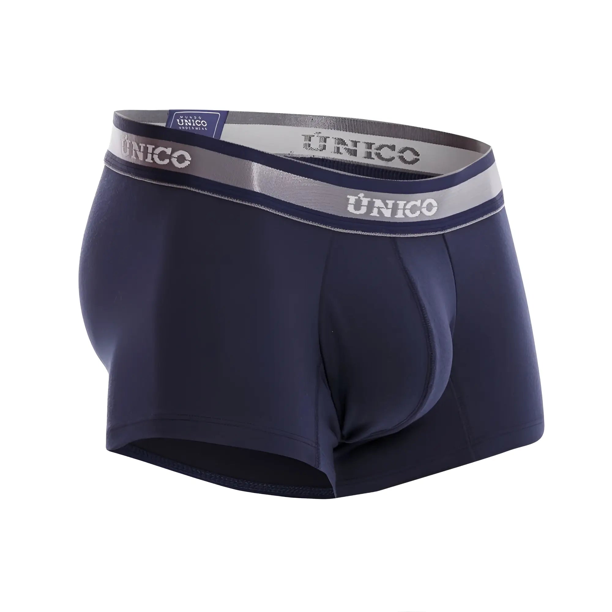 Navy blue unico men’s boxer briefs with gray and white elastic waistband featuring the brand logo
