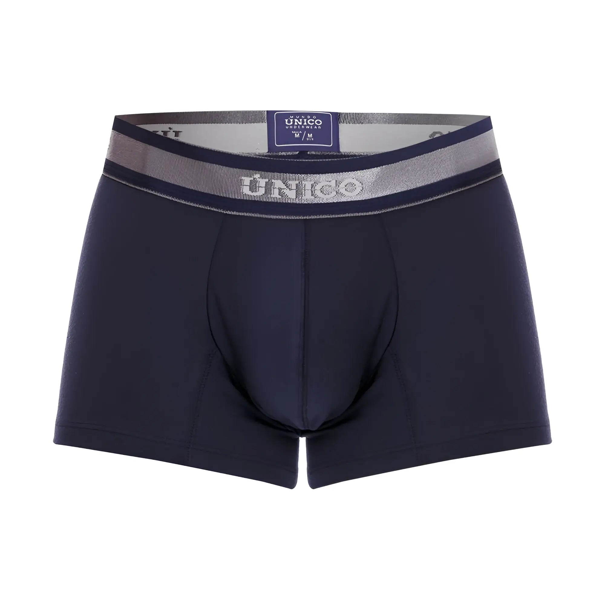 Dark navy unico men’s briefs with silver embossed waistband and branded label in trunks color 82 dark blue