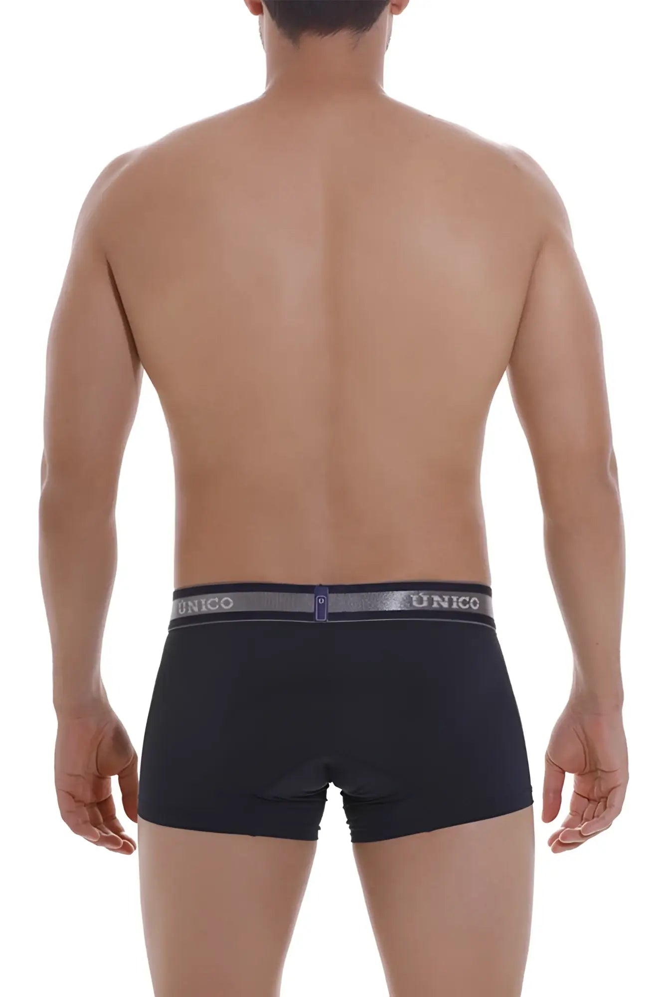 Black unico boxer briefs with gray waistband branded with unico logo in dark blue color for comfortable wear
