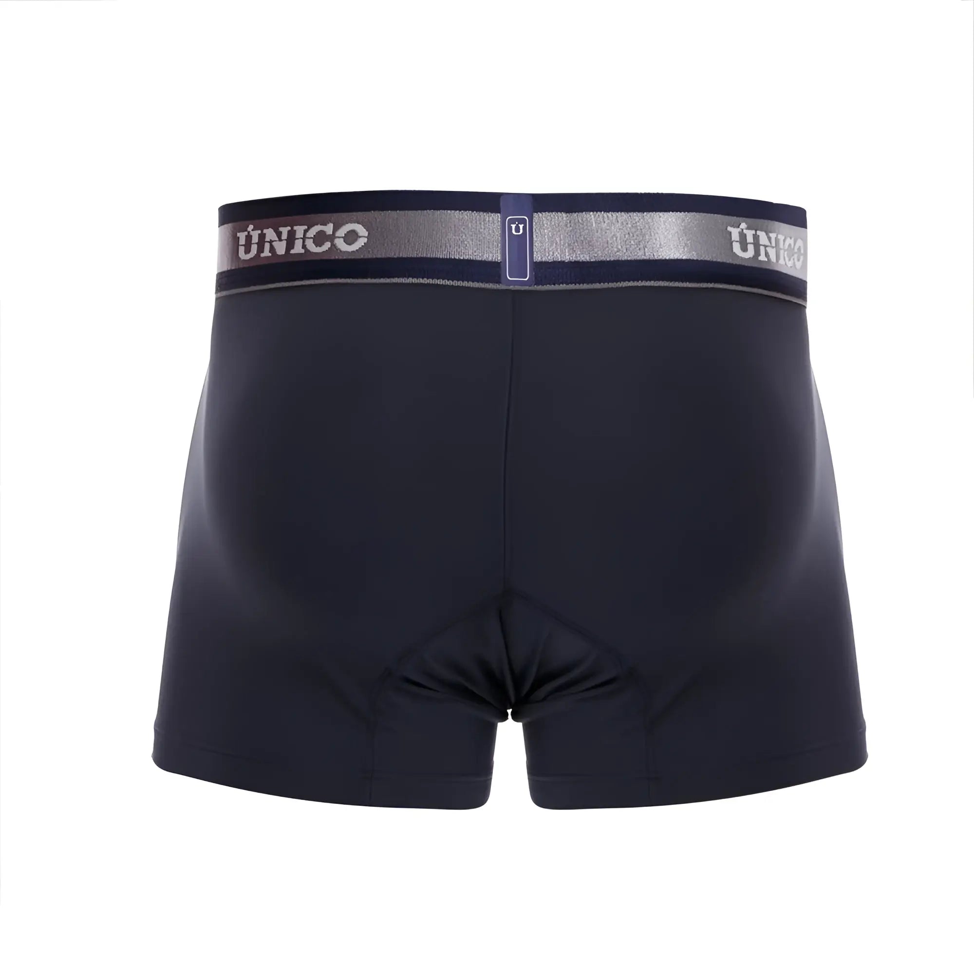 Black unico boxer briefs with silver and navy waistband featuring the brand logo model 22120100113 cardenal m22 trunks dark blue